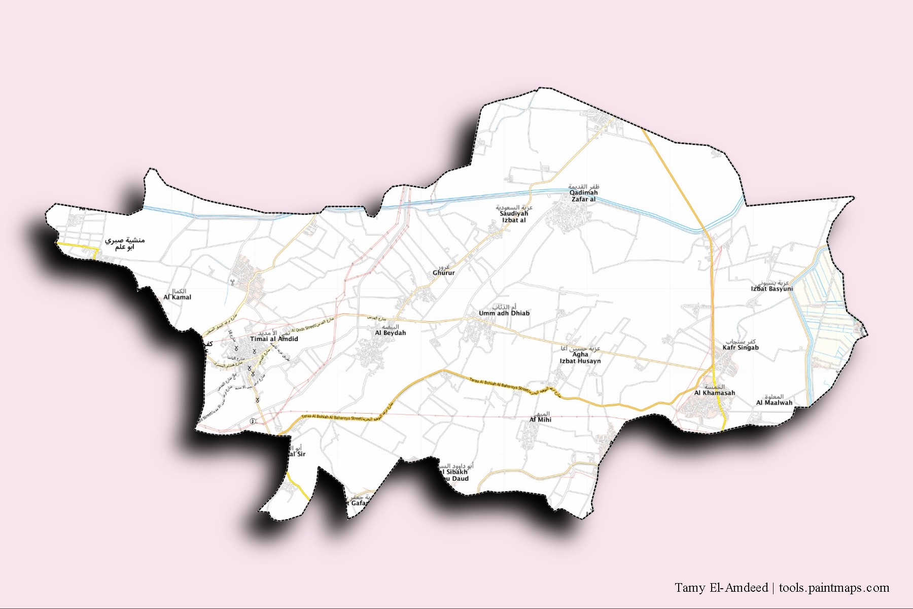 Mapa de barrios y pueblos de Tamy El-Amdeed con efecto de sombra 3D