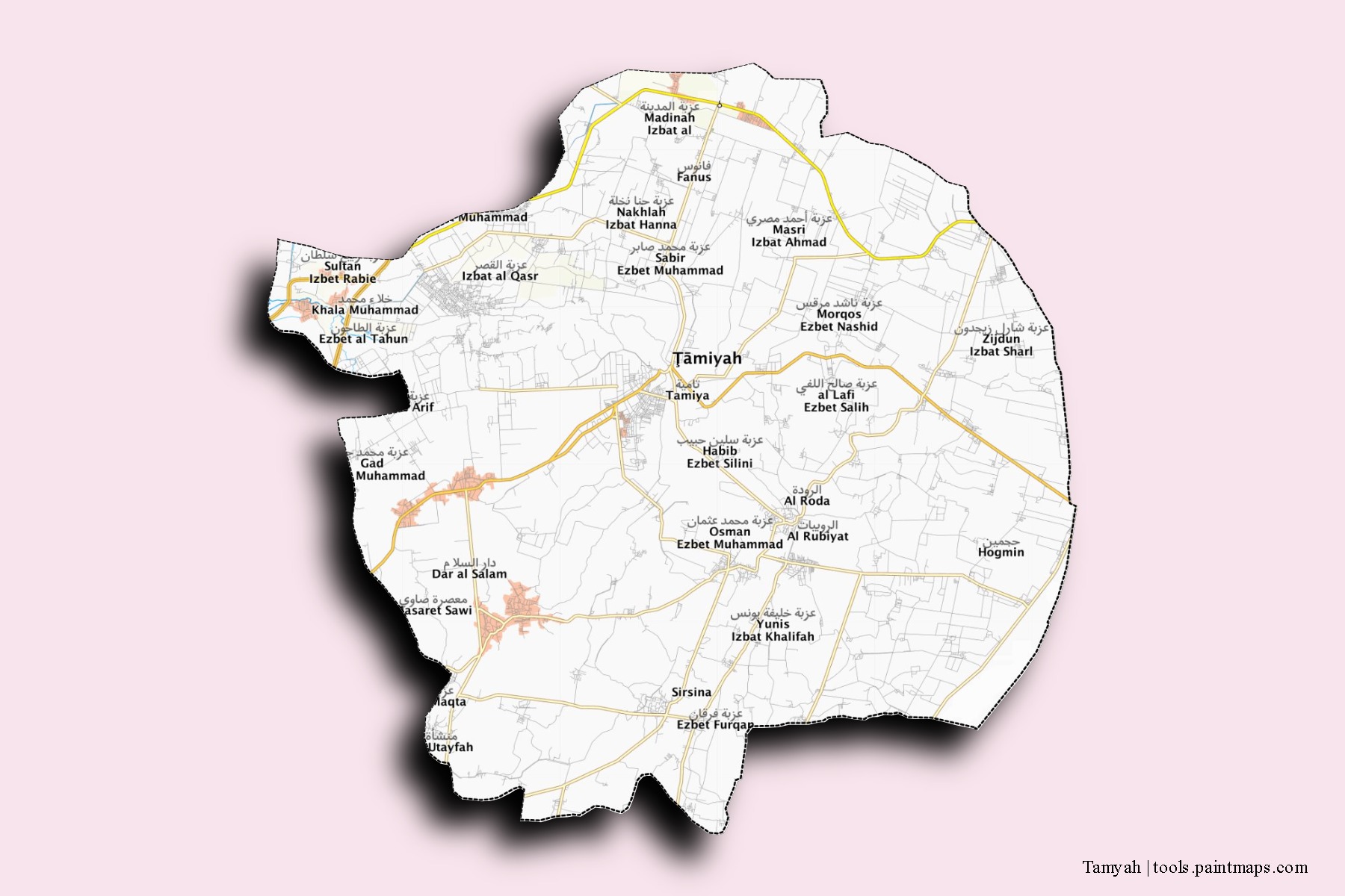 Tamyah neighborhoods and villages map with 3D shadow effect