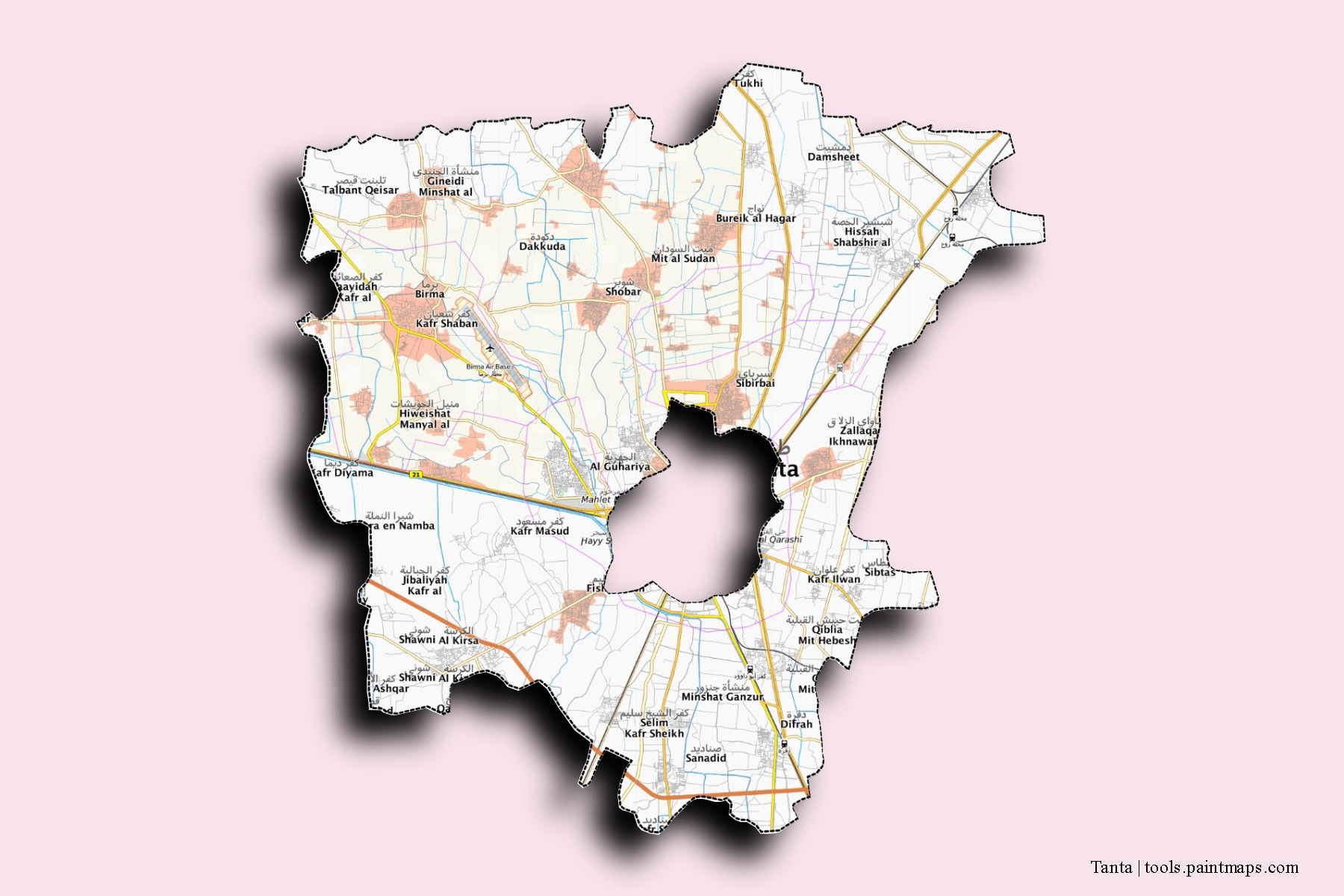 Mapa de barrios y pueblos de Tanta con efecto de sombra 3D