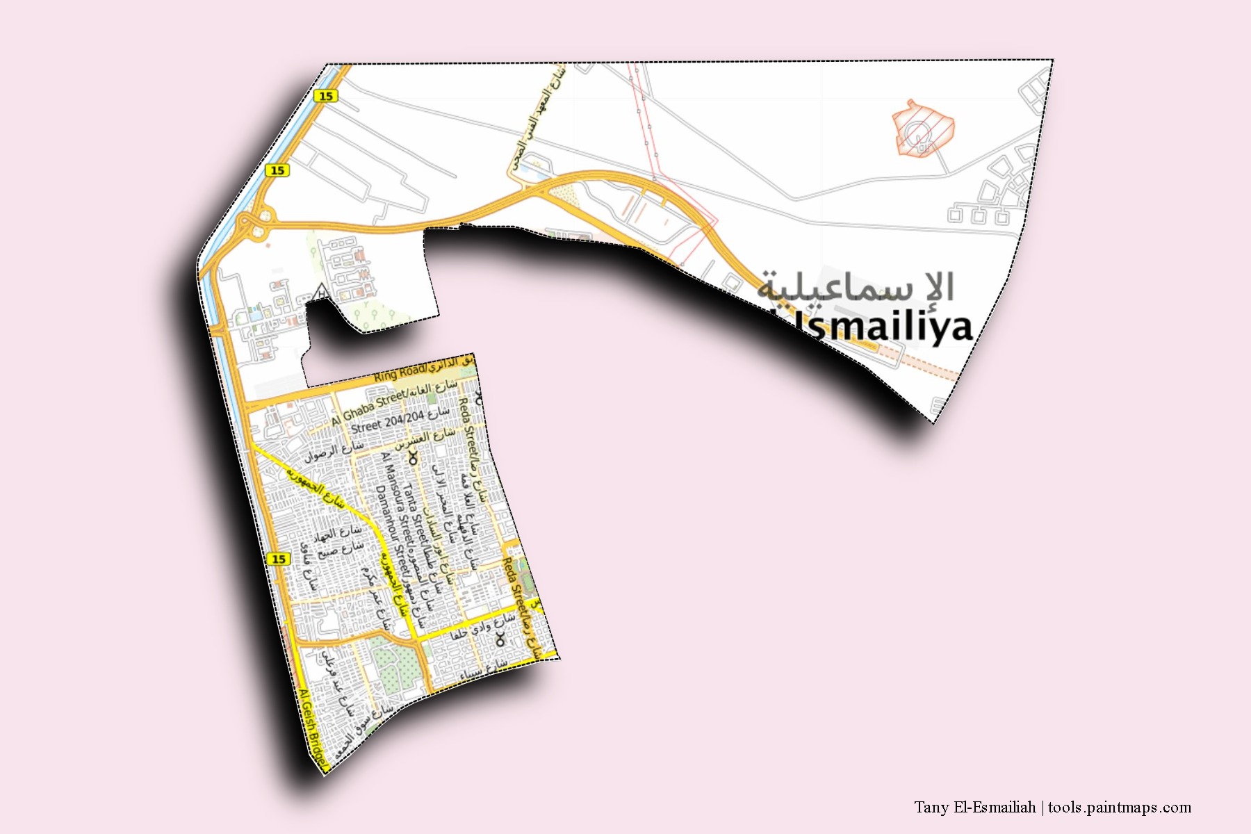 Mapa de barrios y pueblos de Tany El-Esmailiah con efecto de sombra 3D