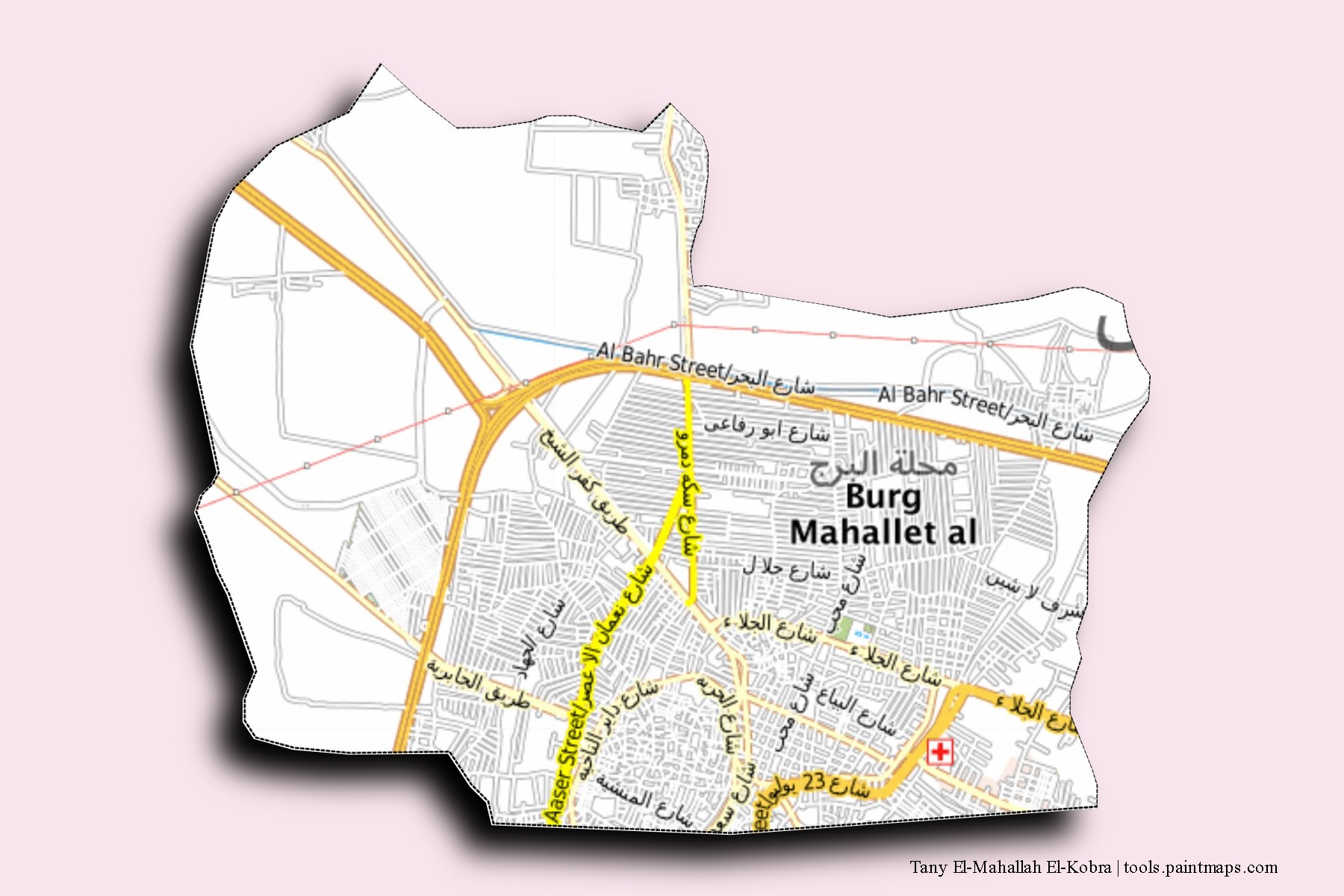 Mapa de barrios y pueblos de Tany El-Mahallah El-Kobra con efecto de sombra 3D