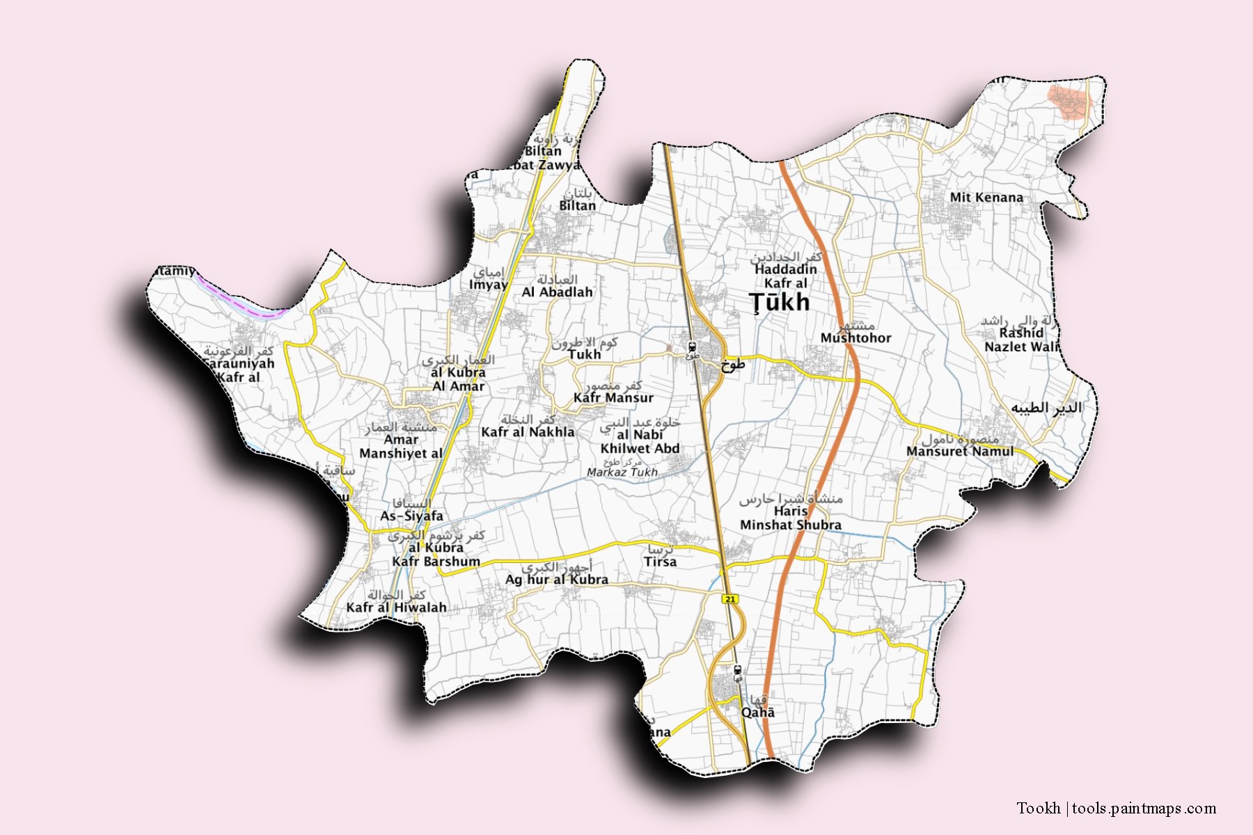 Tookh neighborhoods and villages map with 3D shadow effect