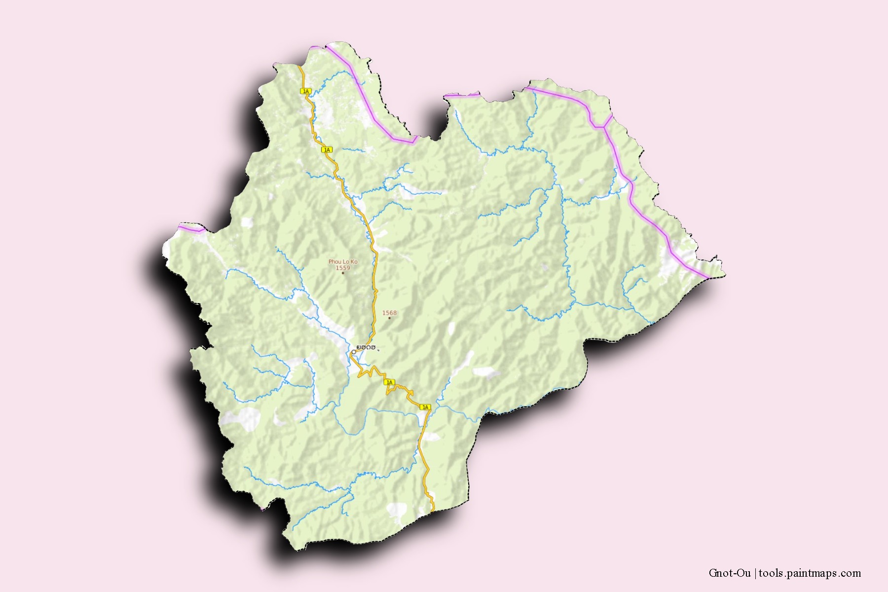 Mapa de barrios y pueblos de Gnot-Ou con efecto de sombra 3D