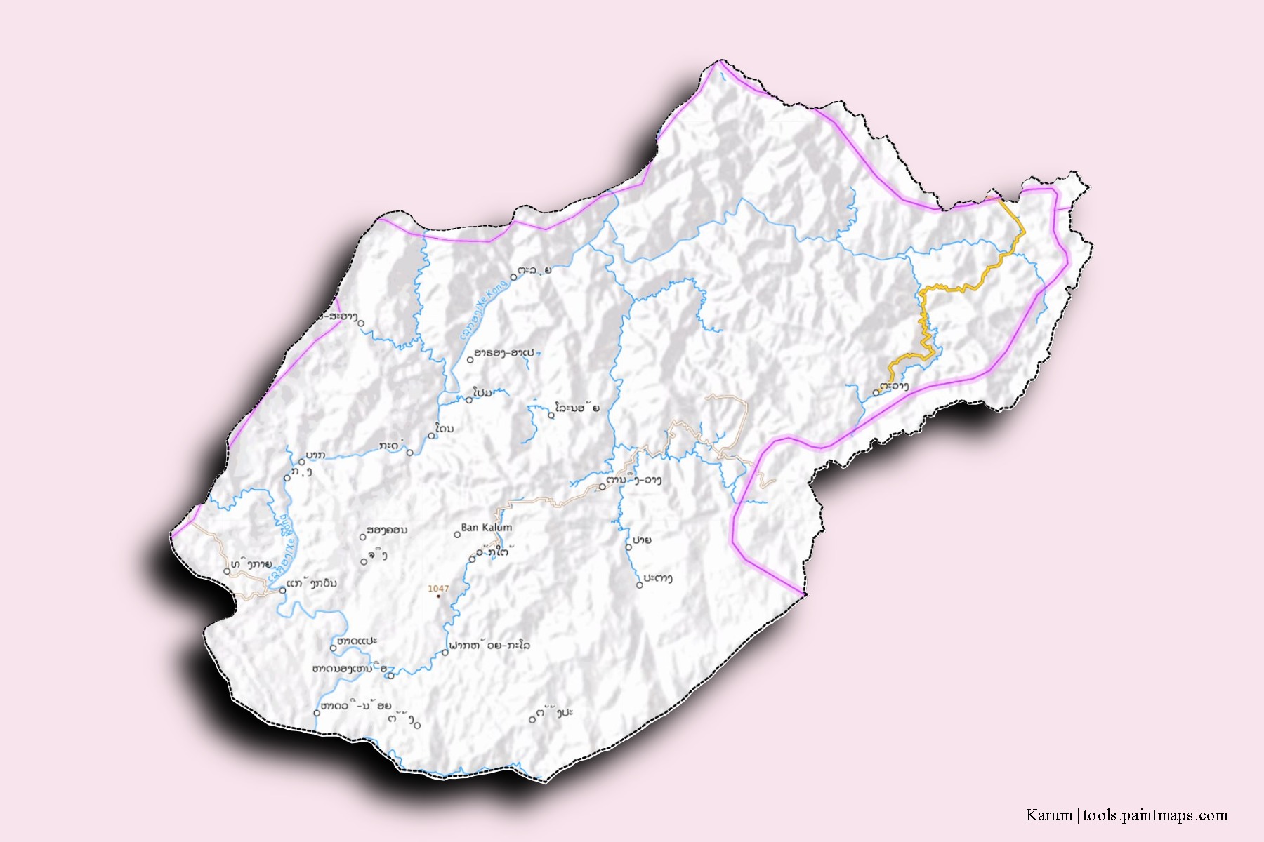 Mapa de barrios y pueblos de Karum con efecto de sombra 3D