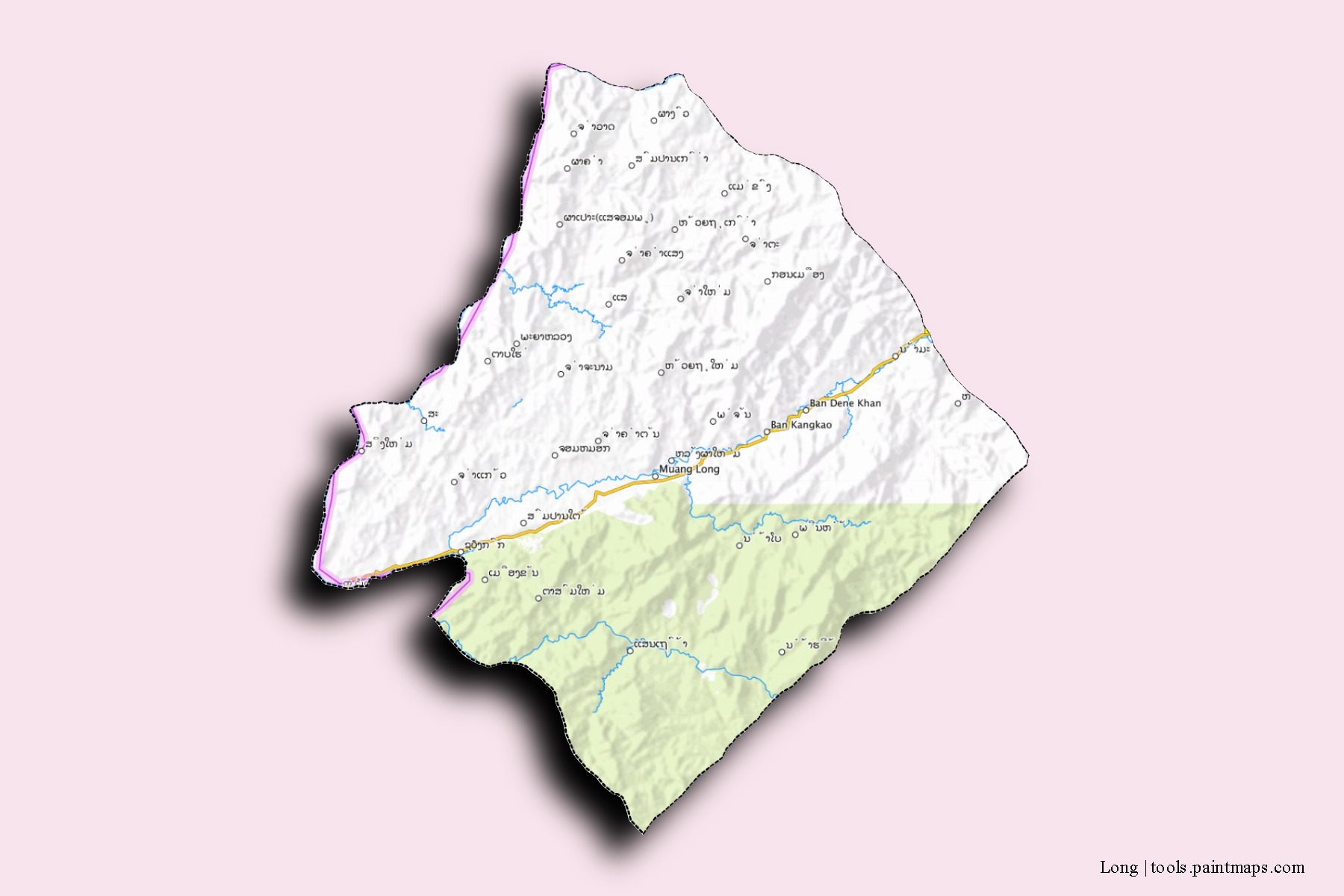 Mapa de barrios y pueblos de Long con efecto de sombra 3D