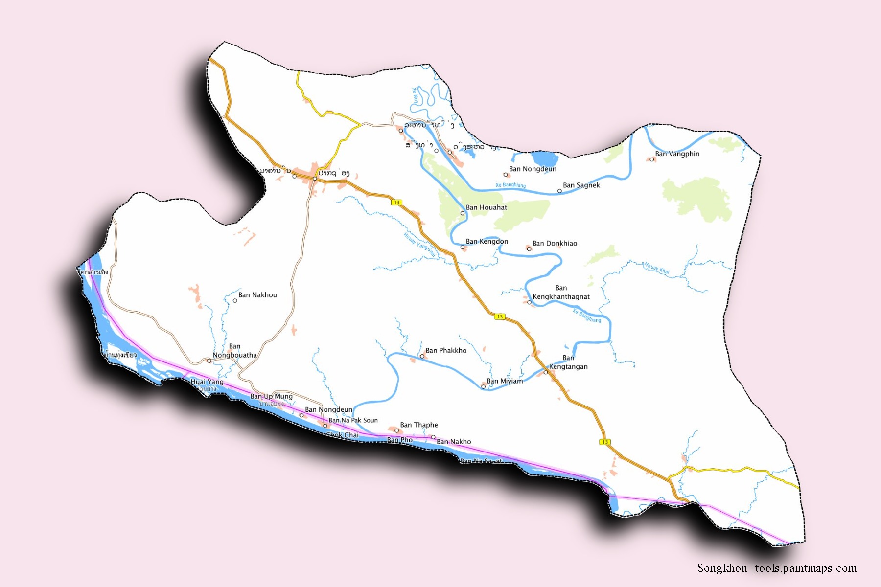 Mapa de barrios y pueblos de Songkhon con efecto de sombra 3D