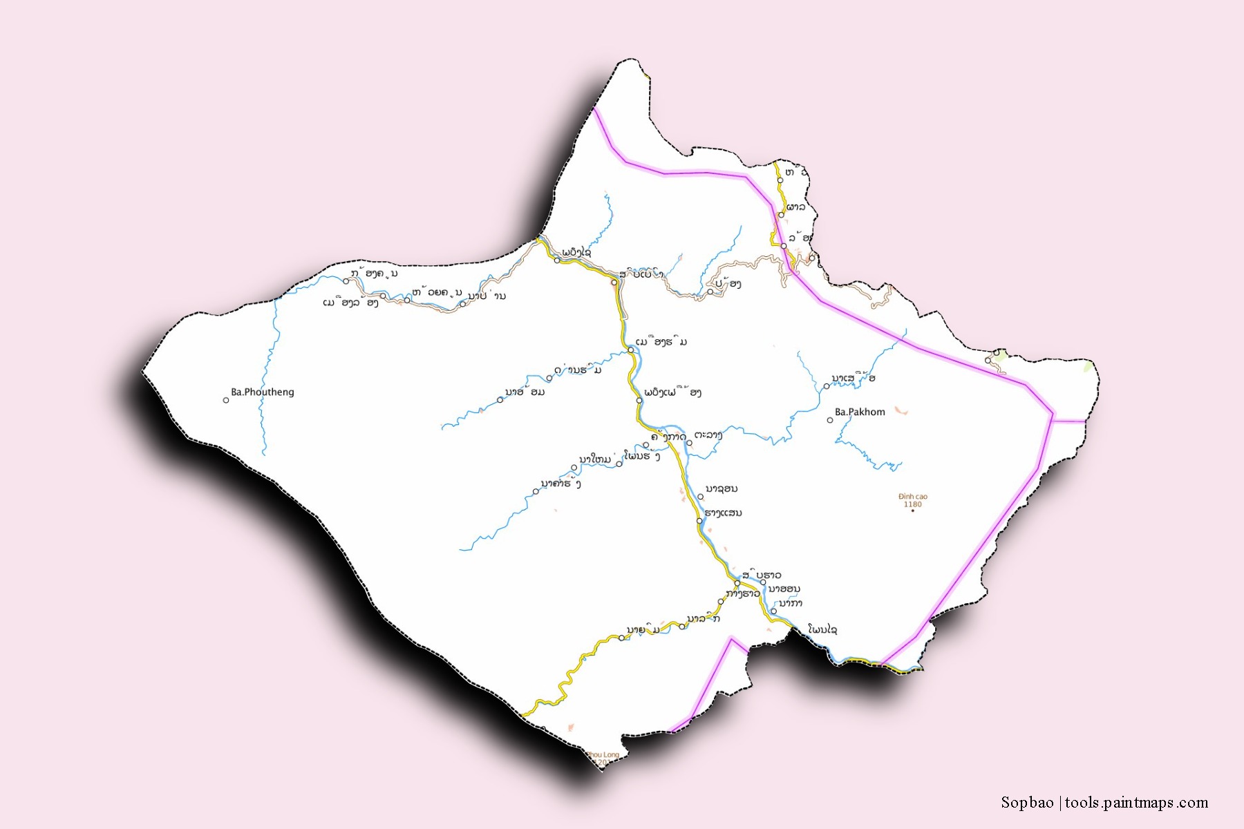 Mapa de barrios y pueblos de Sopbao con efecto de sombra 3D