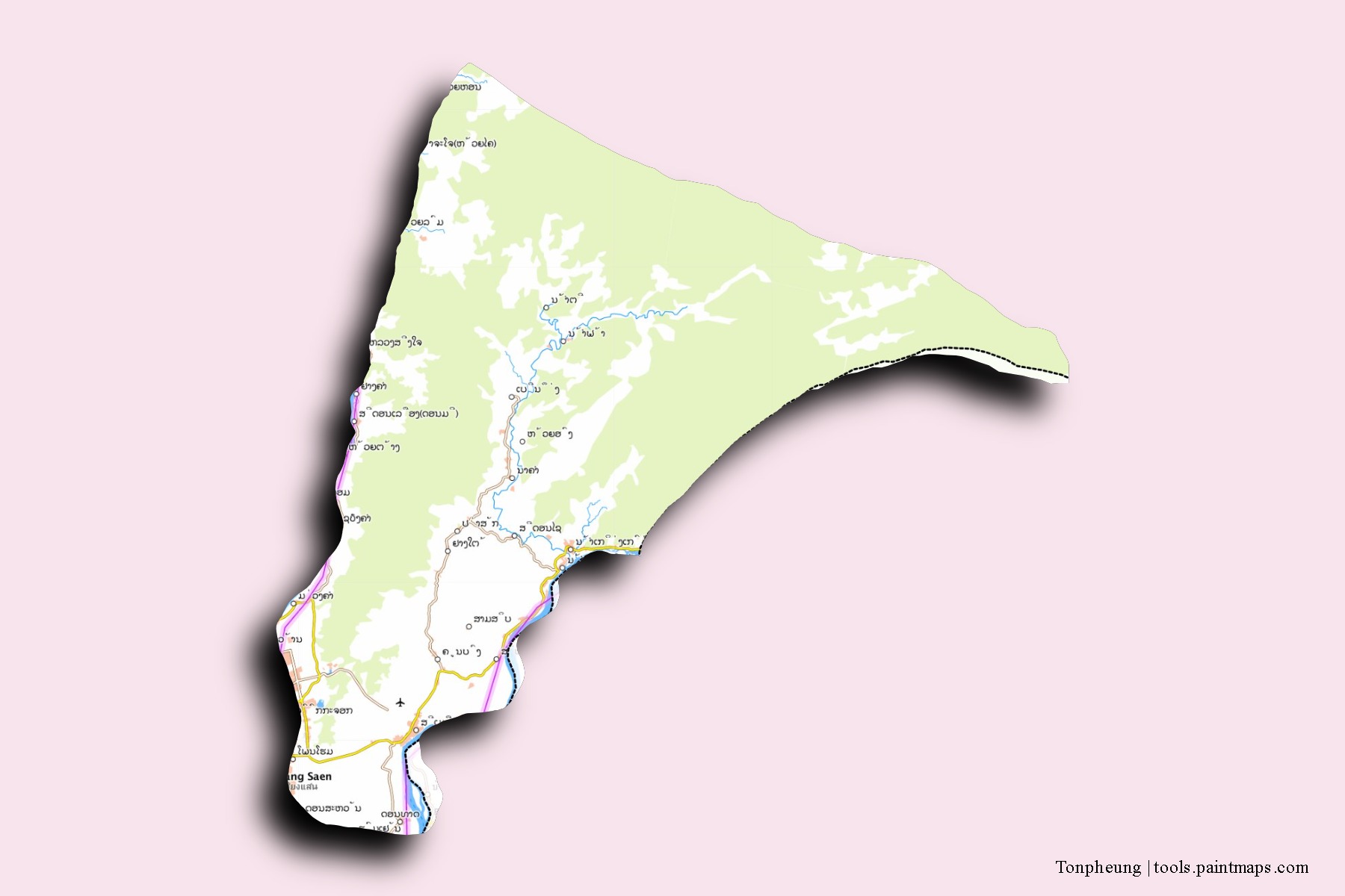 Mapa de barrios y pueblos de Tonpheung con efecto de sombra 3D