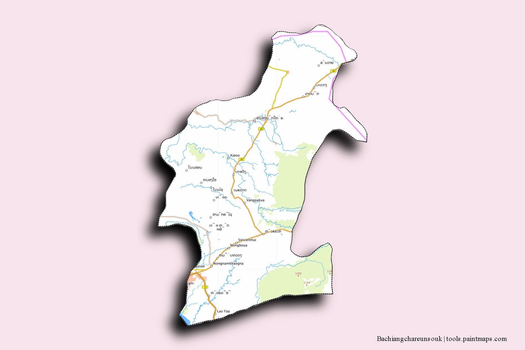 Mapa de barrios y pueblos de Bachiangchareunsouk con efecto de sombra 3D