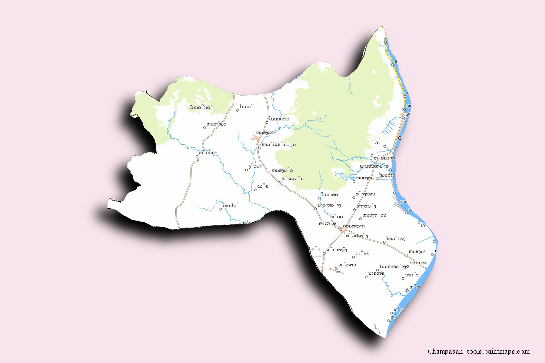Champassack neighborhoods and villages map with 3D shadow effect