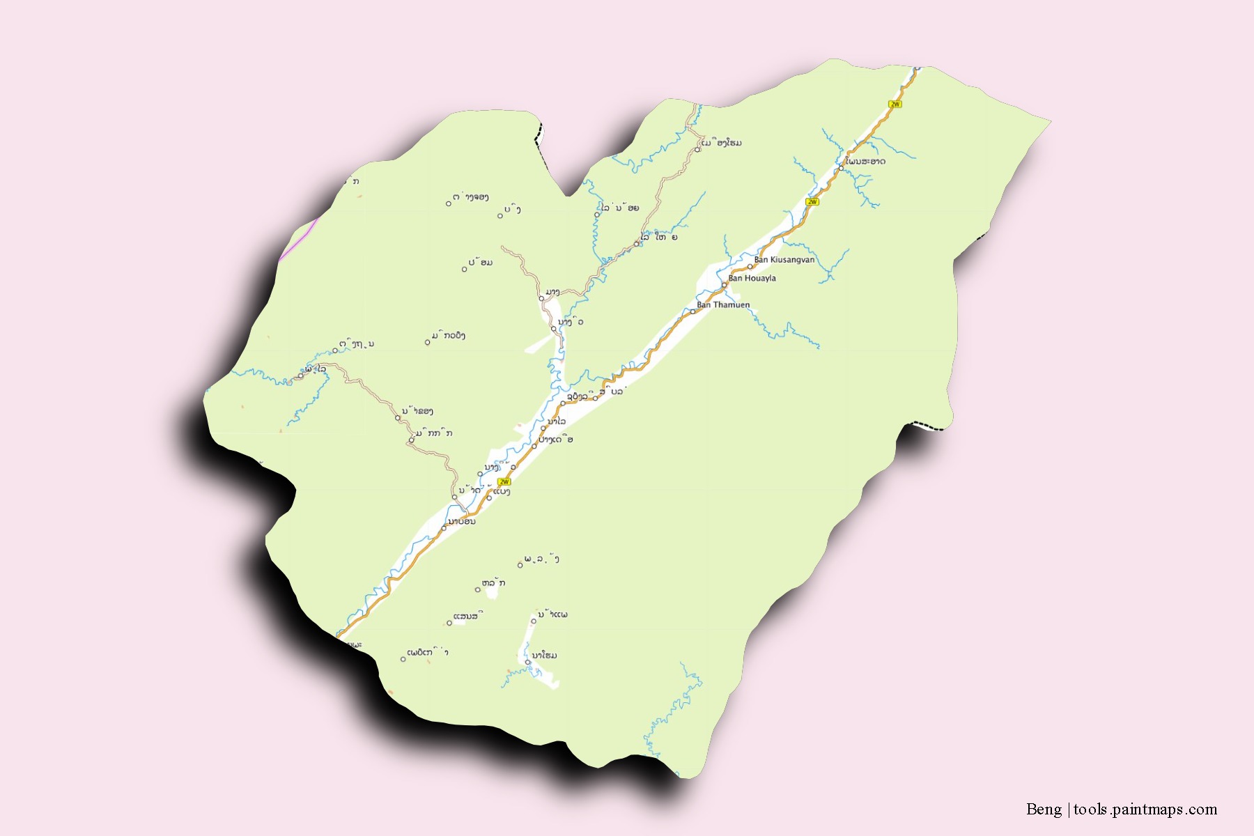 Mapa de barrios y pueblos de Beng con efecto de sombra 3D