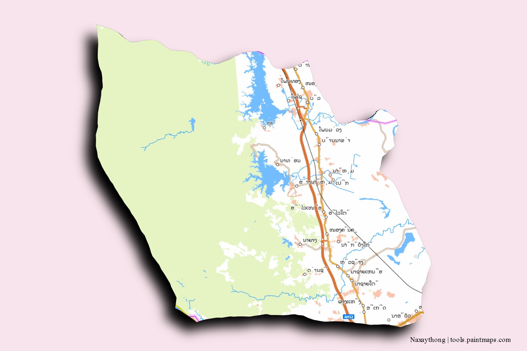 Naxaithong neighborhoods and villages map with 3D shadow effect