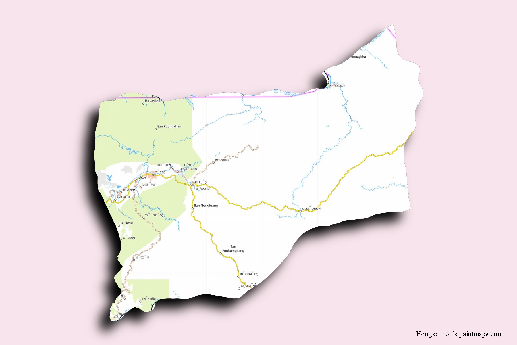 Mapa de barrios y pueblos de Hongsa con efecto de sombra 3D