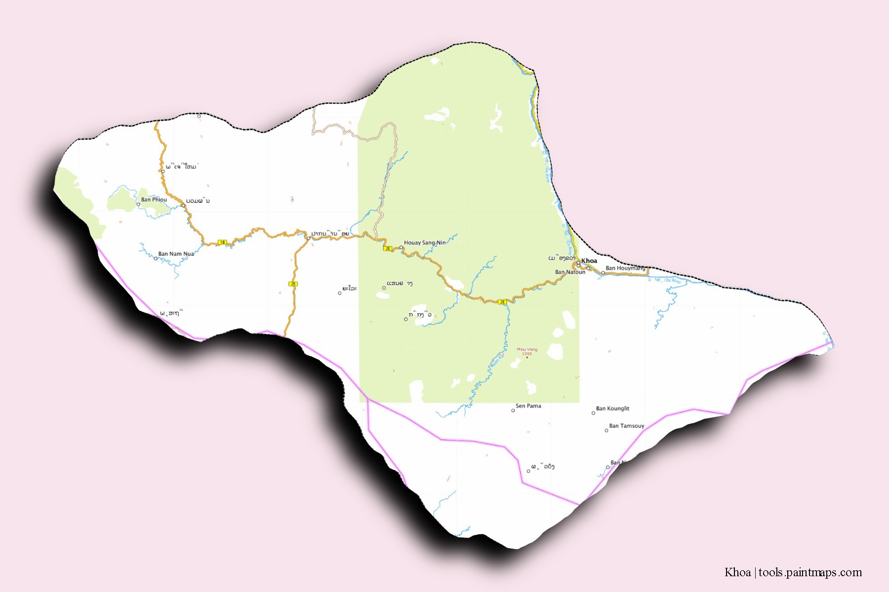 Mapa de barrios y pueblos de Khoa con efecto de sombra 3D