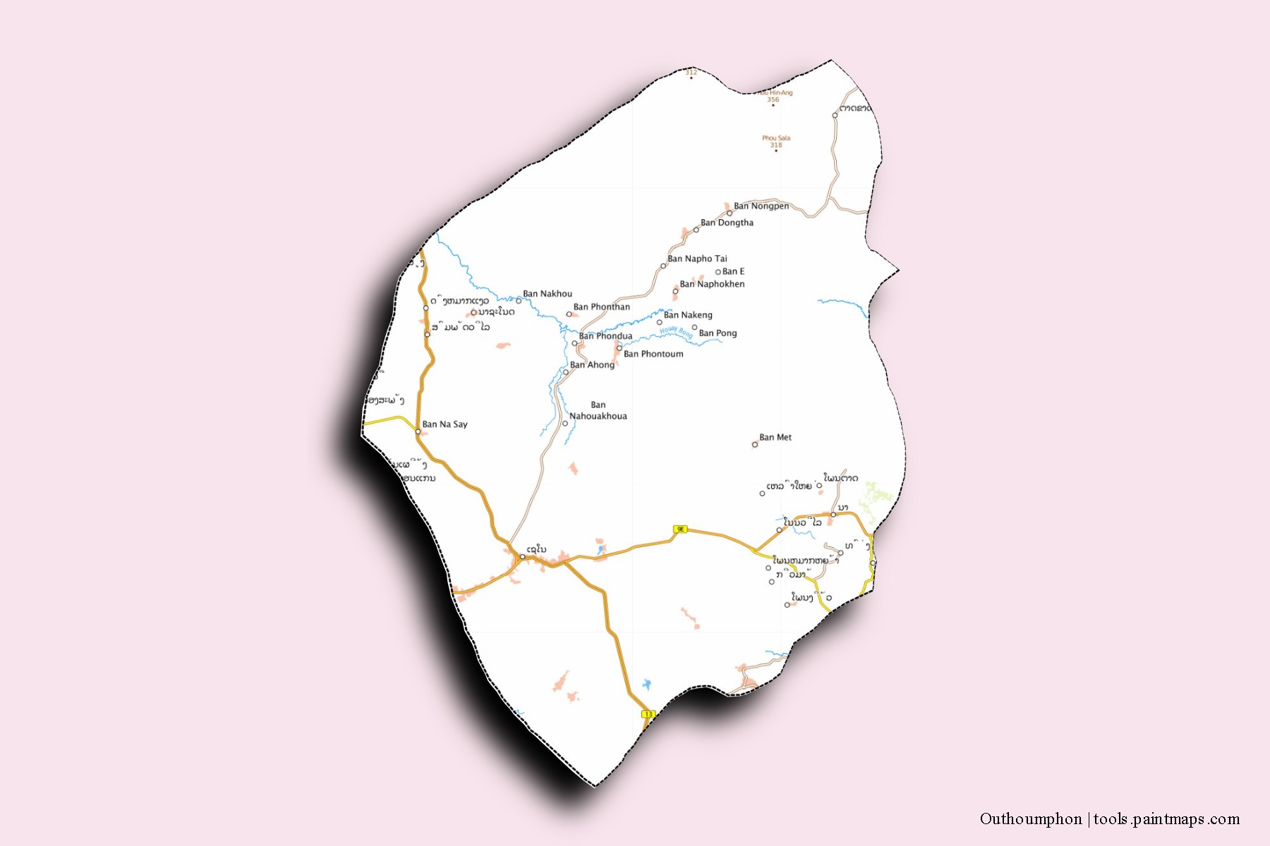 Mapa de barrios y pueblos de Outhoumphon con efecto de sombra 3D