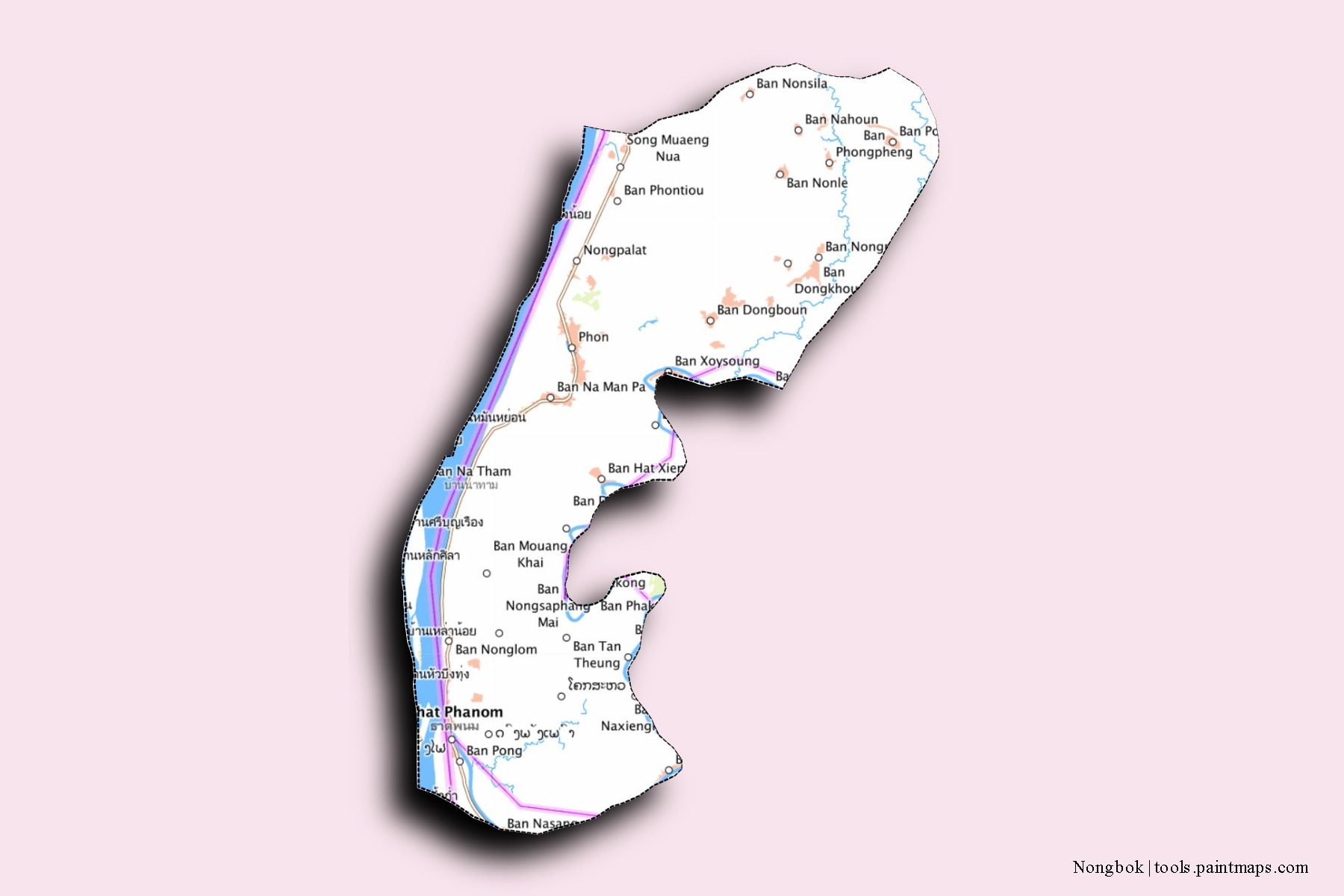 Mapa de barrios y pueblos de Nongbok con efecto de sombra 3D