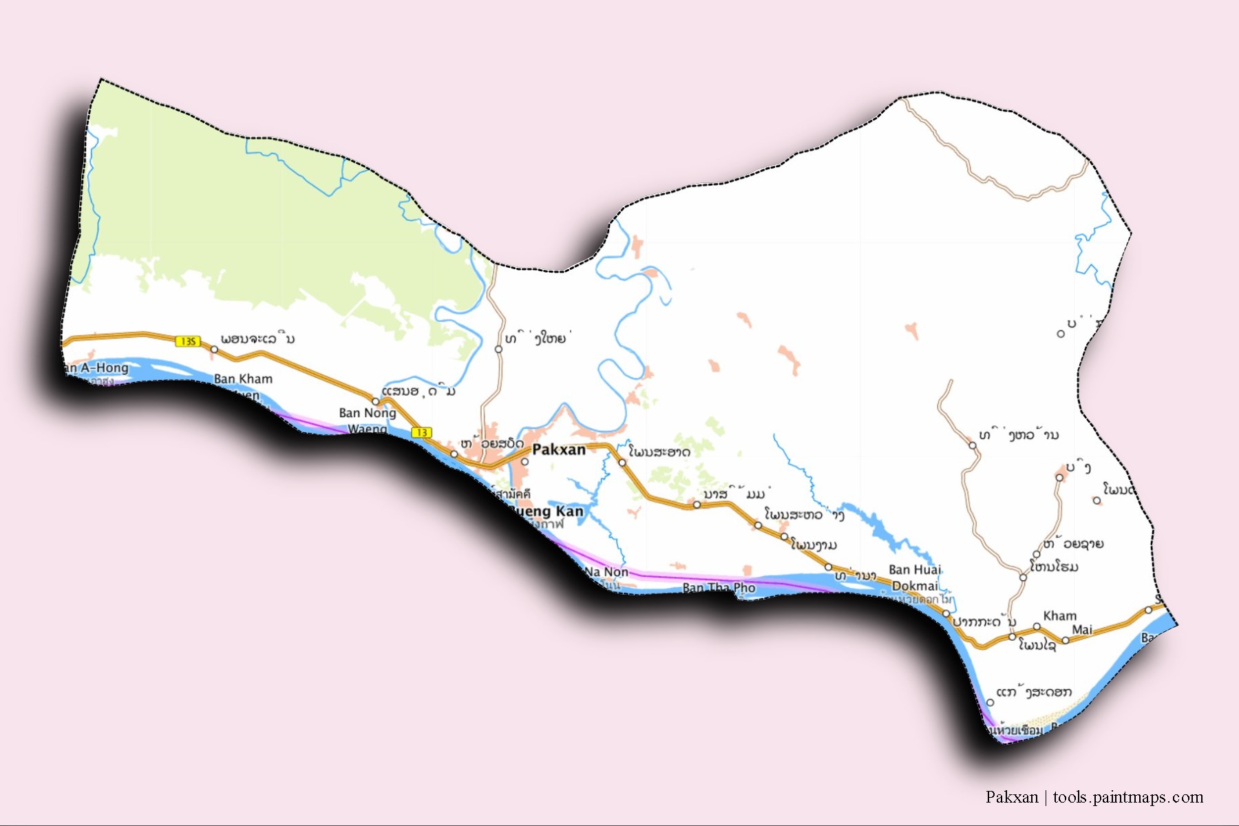 Mapa de barrios y pueblos de Pakxan con efecto de sombra 3D