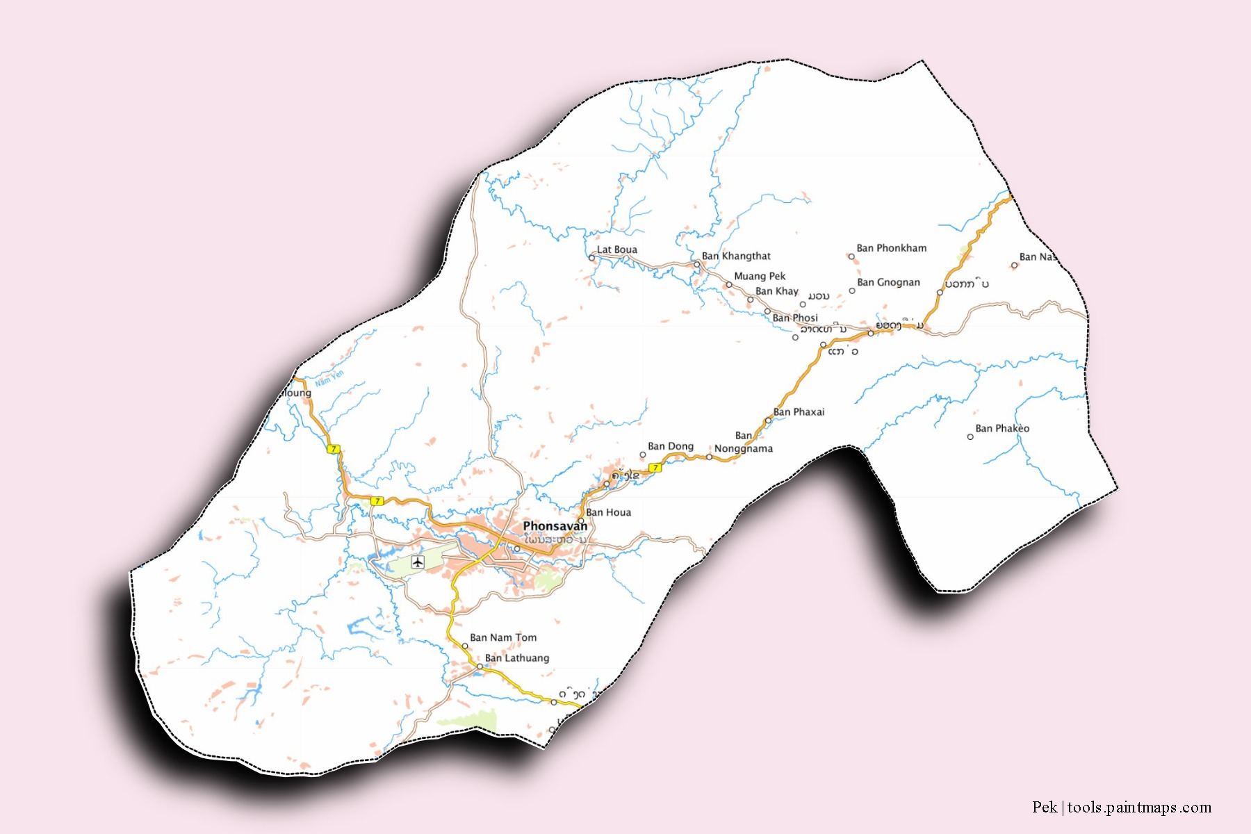 Mapa de barrios y pueblos de Pek con efecto de sombra 3D