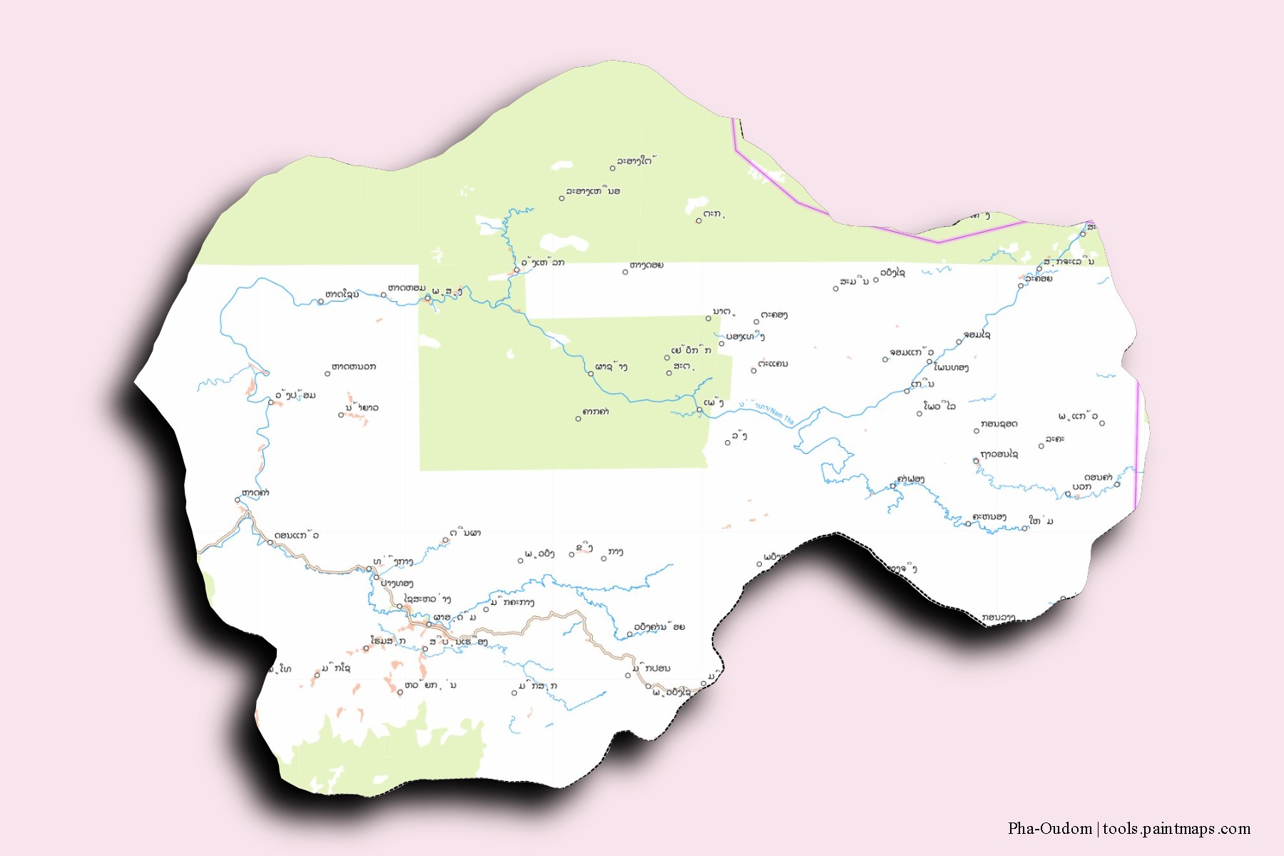 Pha Oudom neighborhoods and villages map with 3D shadow effect