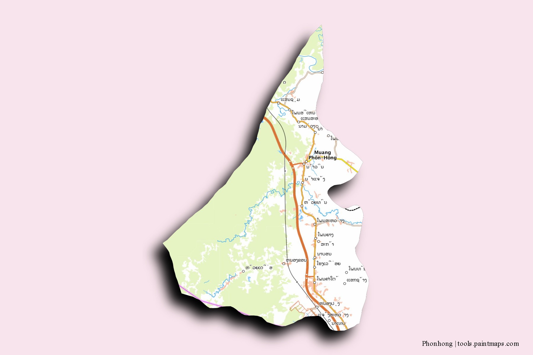 Mapa de barrios y pueblos de Phonhong con efecto de sombra 3D