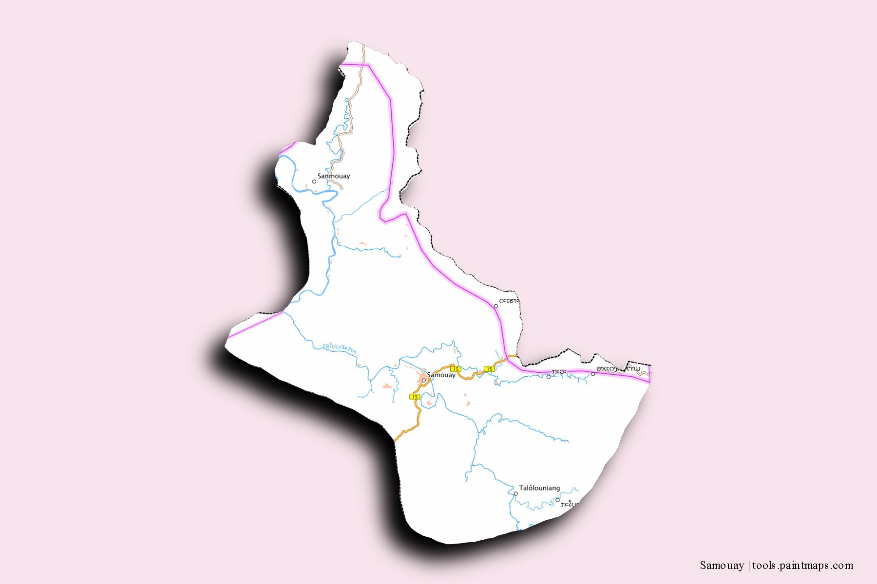 Mapa de barrios y pueblos de Samouay con efecto de sombra 3D