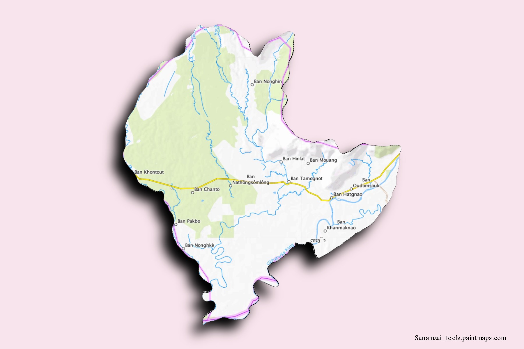 Sanamxai neighborhoods and villages map with 3D shadow effect