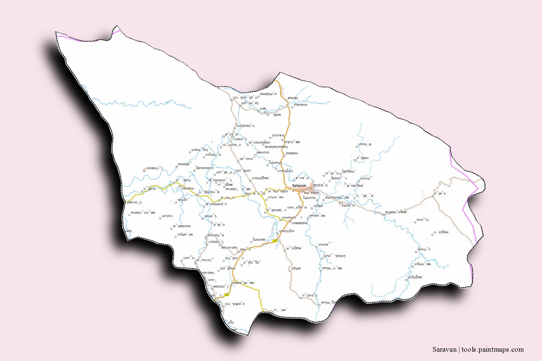 Mapa de barrios y pueblos de Saravan con efecto de sombra 3D