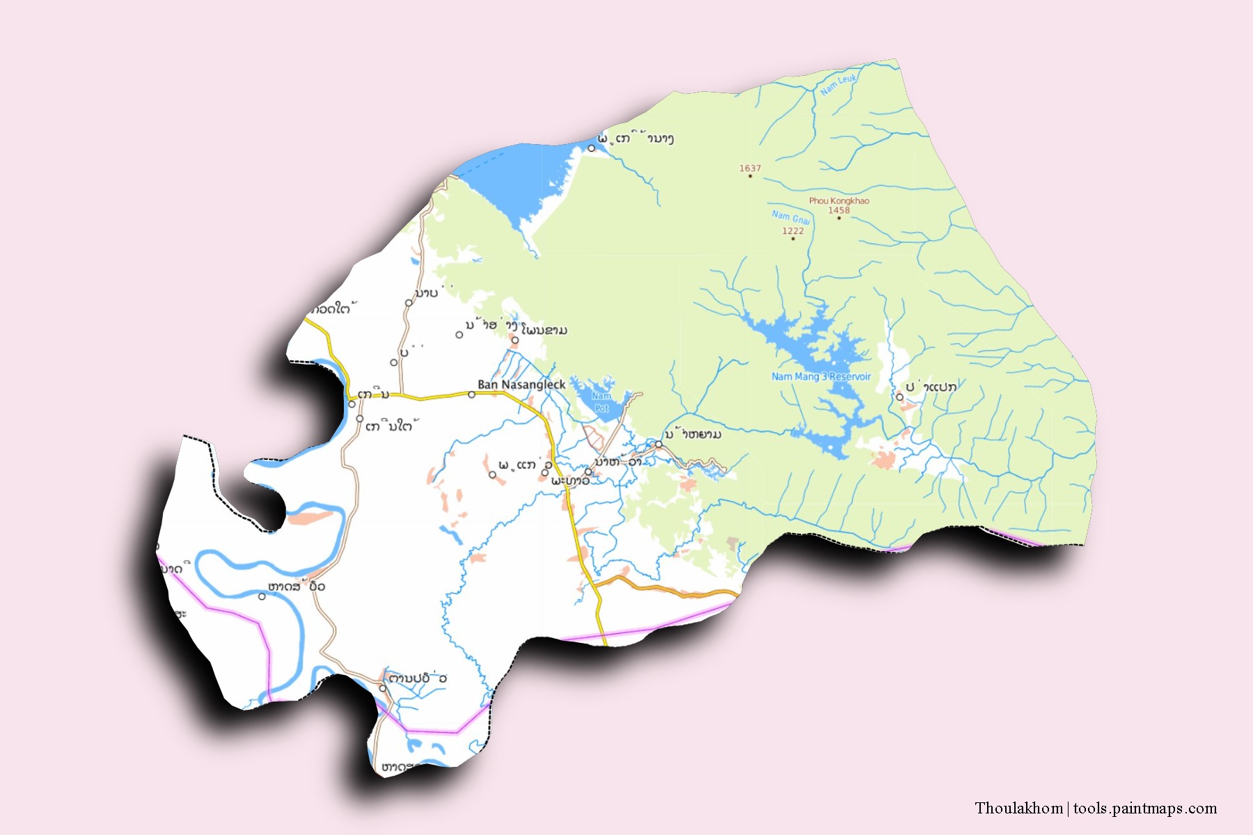 Thoulakhom neighborhoods and villages map with 3D shadow effect