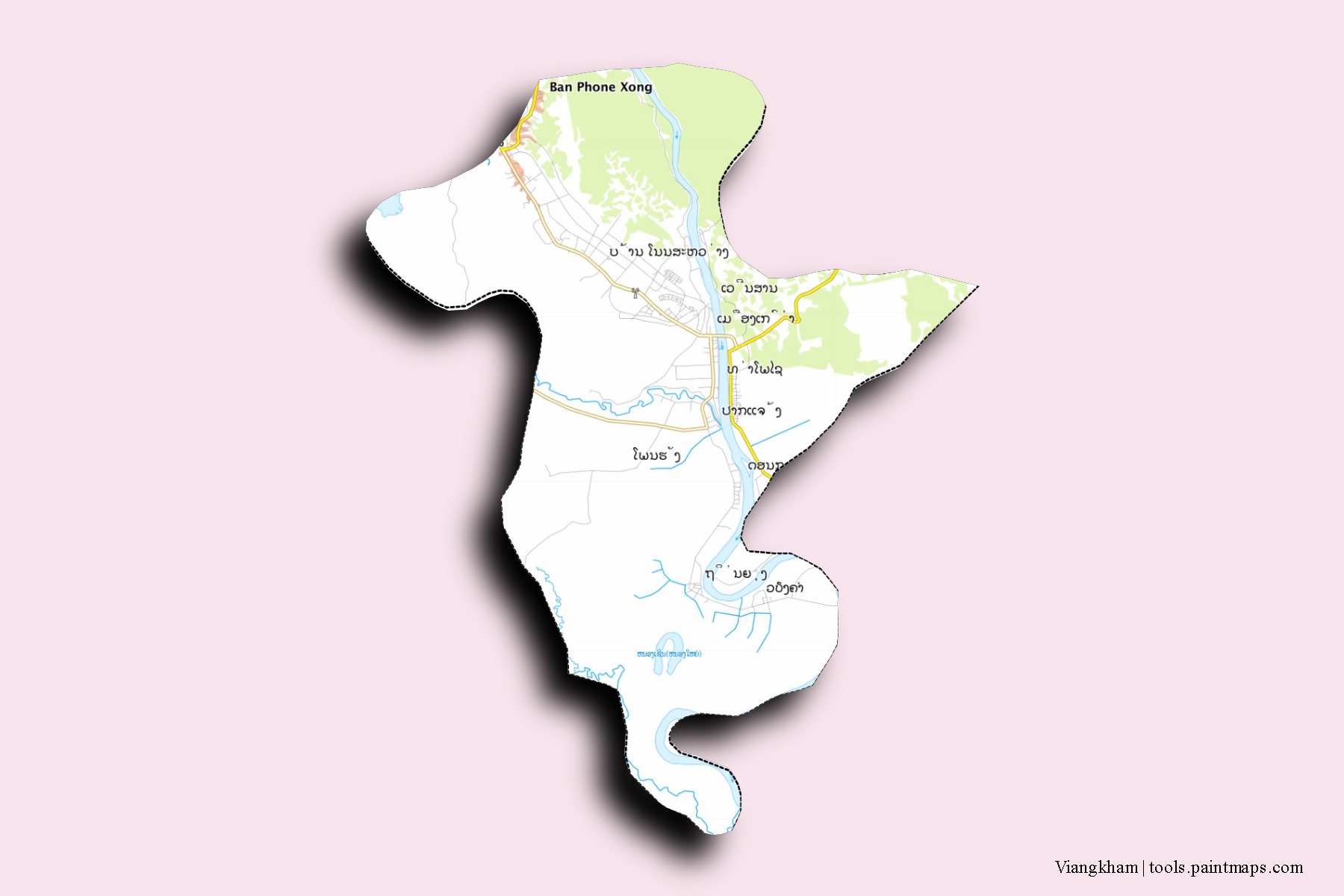 Mapa de barrios y pueblos de Viangkham con efecto de sombra 3D