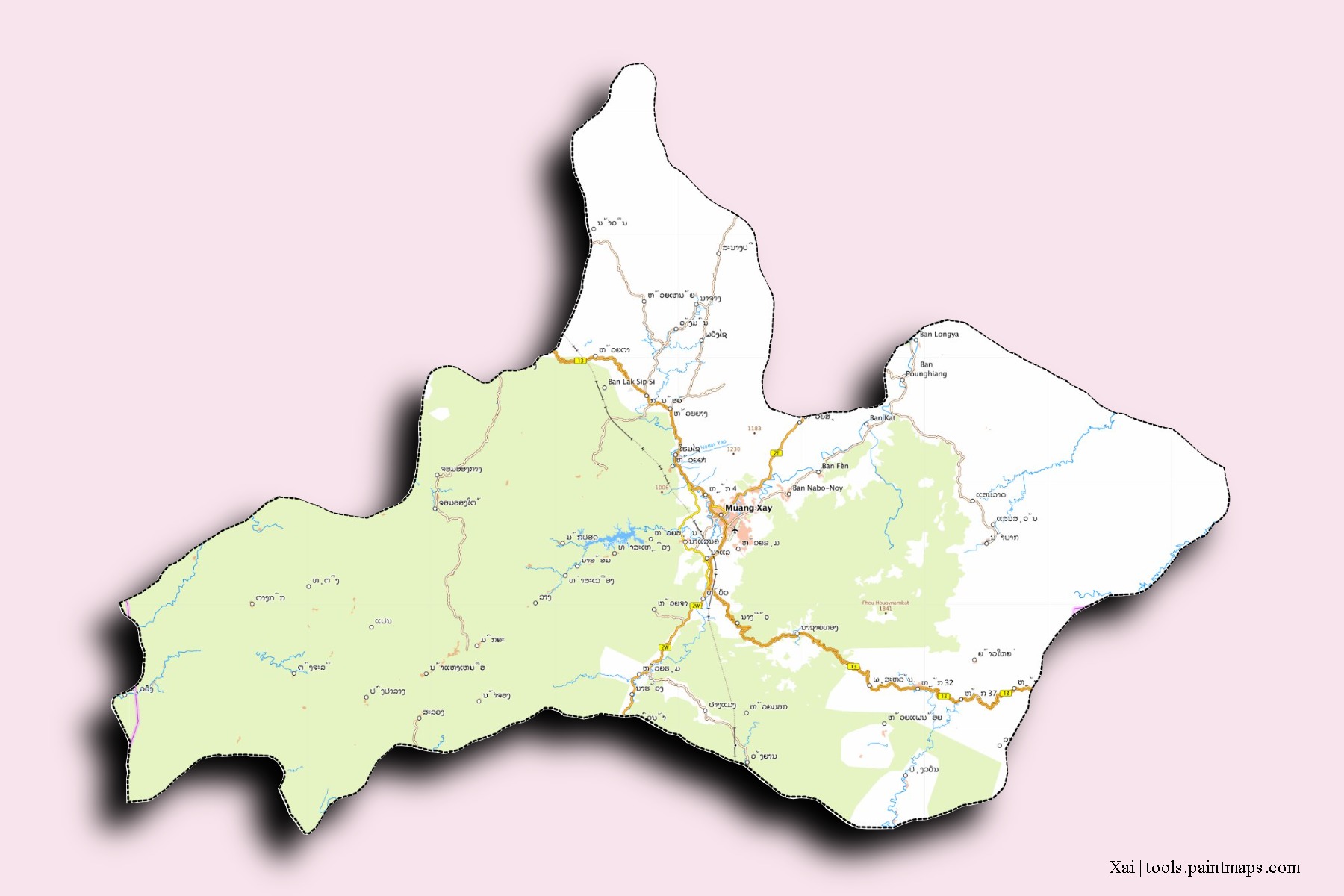 Mapa de barrios y pueblos de Xai con efecto de sombra 3D