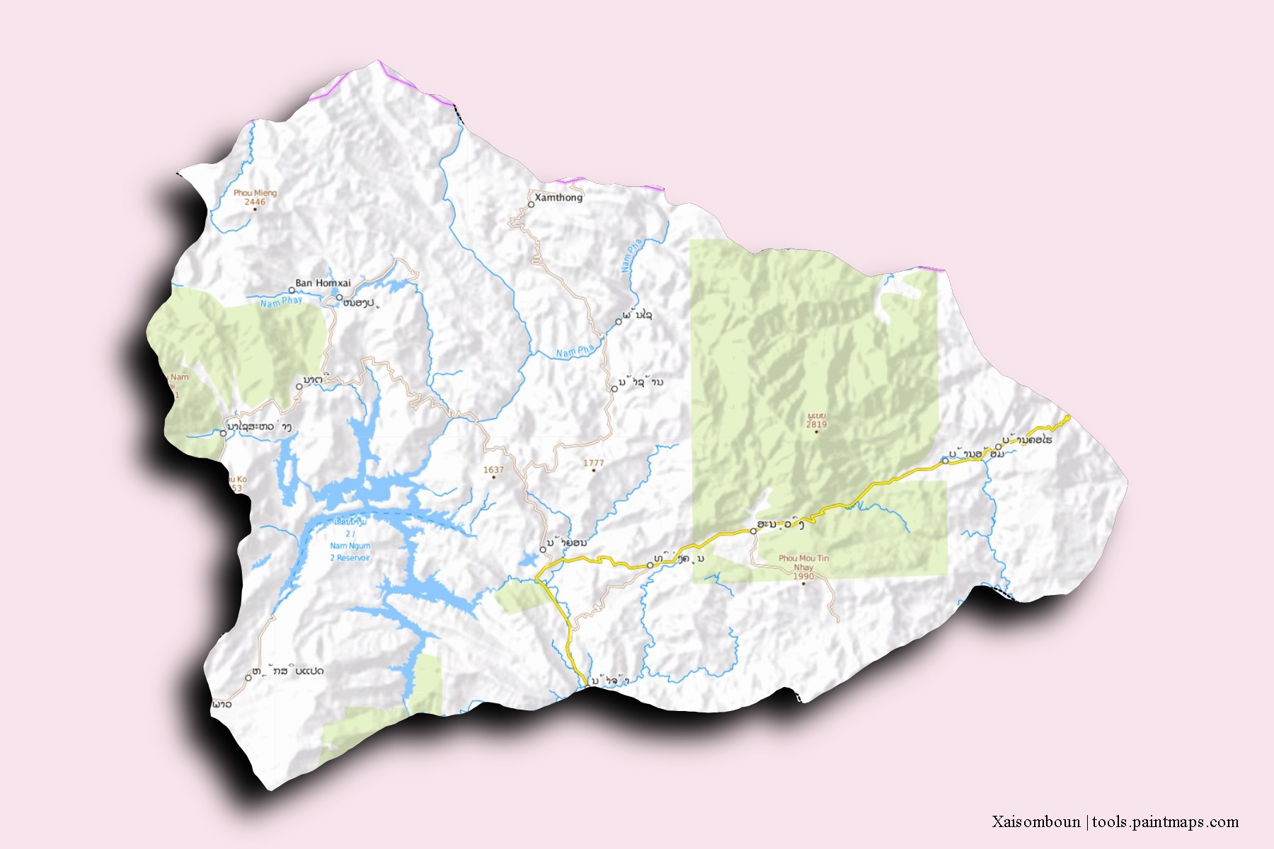 Xaysomboun neighborhoods and villages map with 3D shadow effect