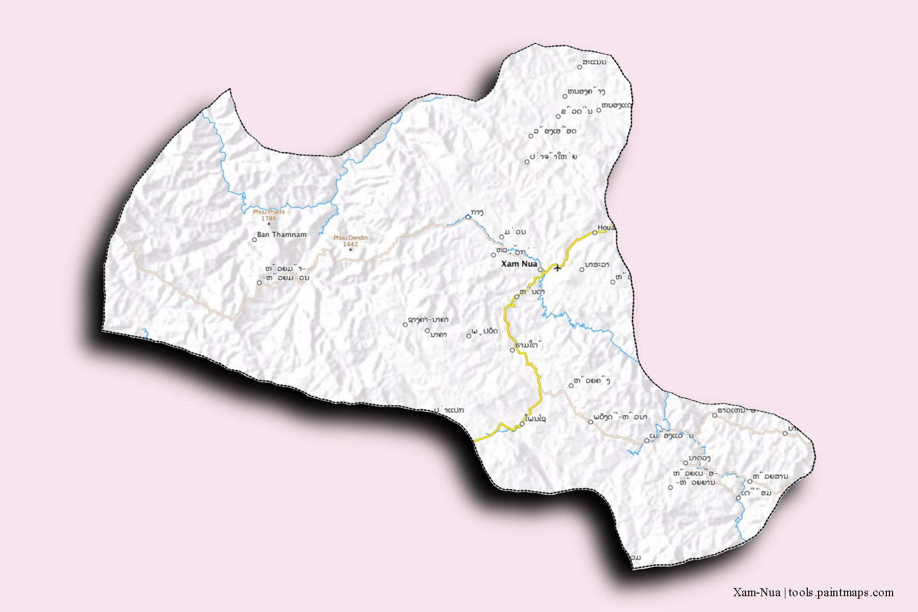 Mapa de barrios y pueblos de Xam-Nua con efecto de sombra 3D