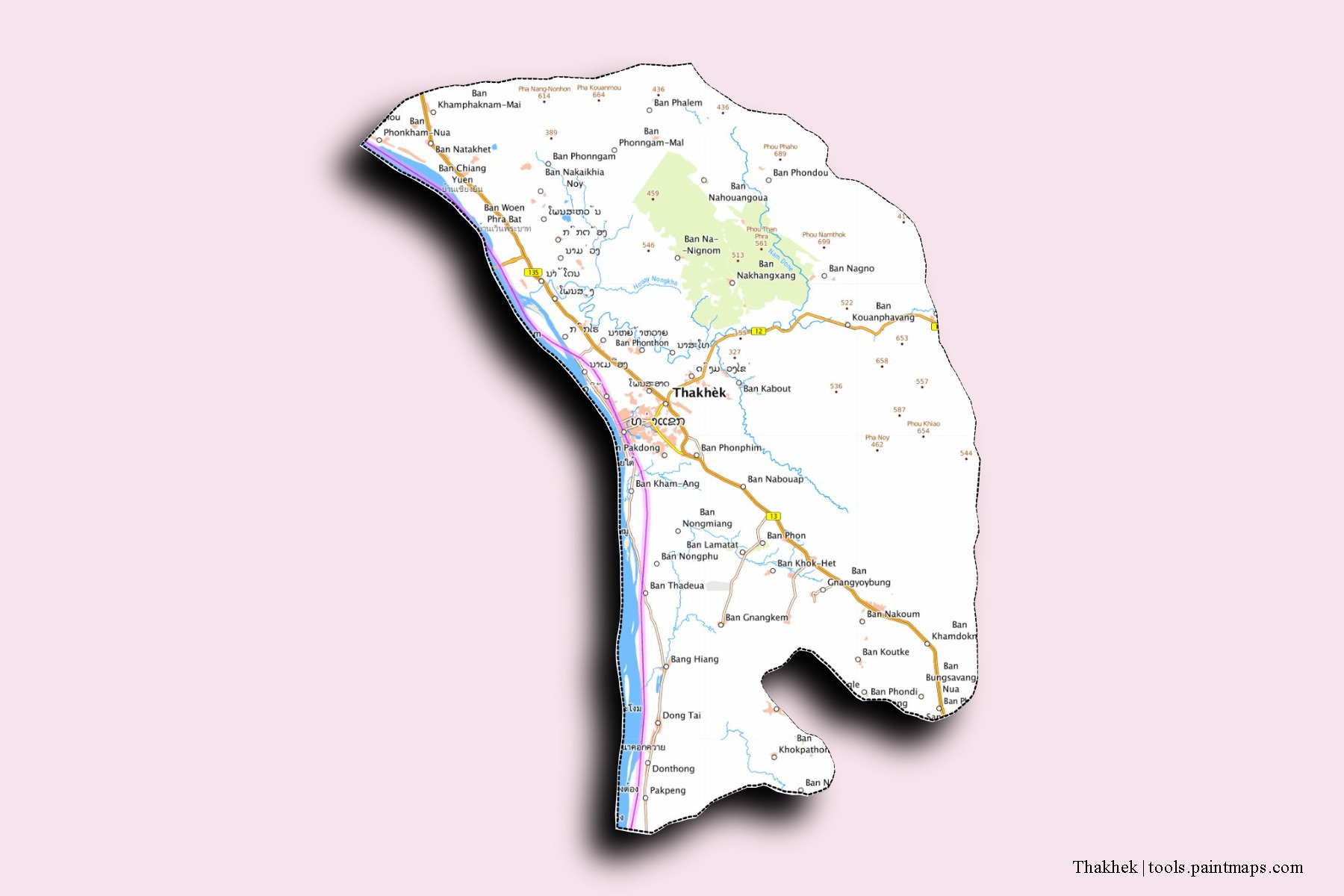 Mapa de barrios y pueblos de Thakhek con efecto de sombra 3D