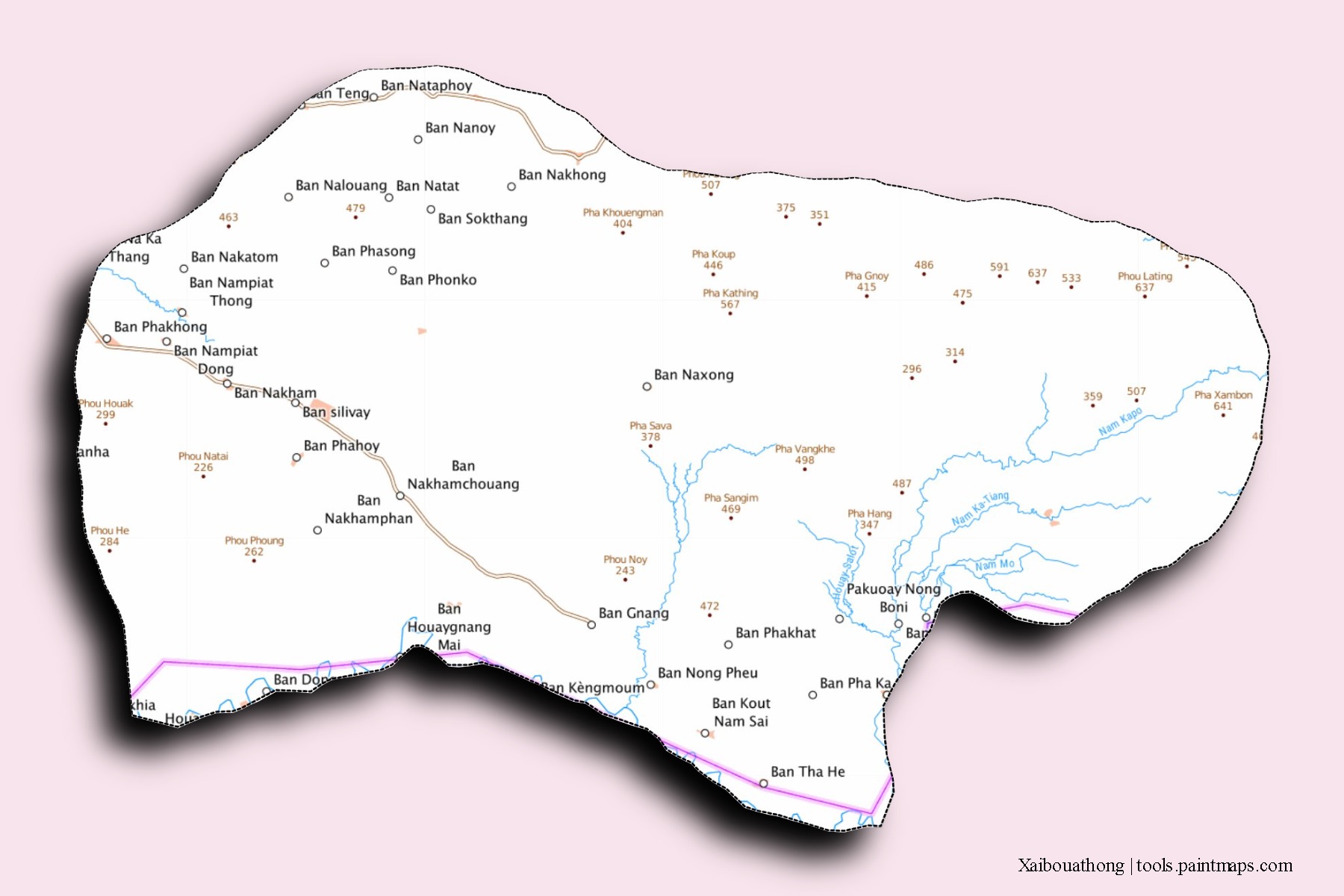 3D gölge efektli Xaibouathong mahalleleri ve köyleri haritası