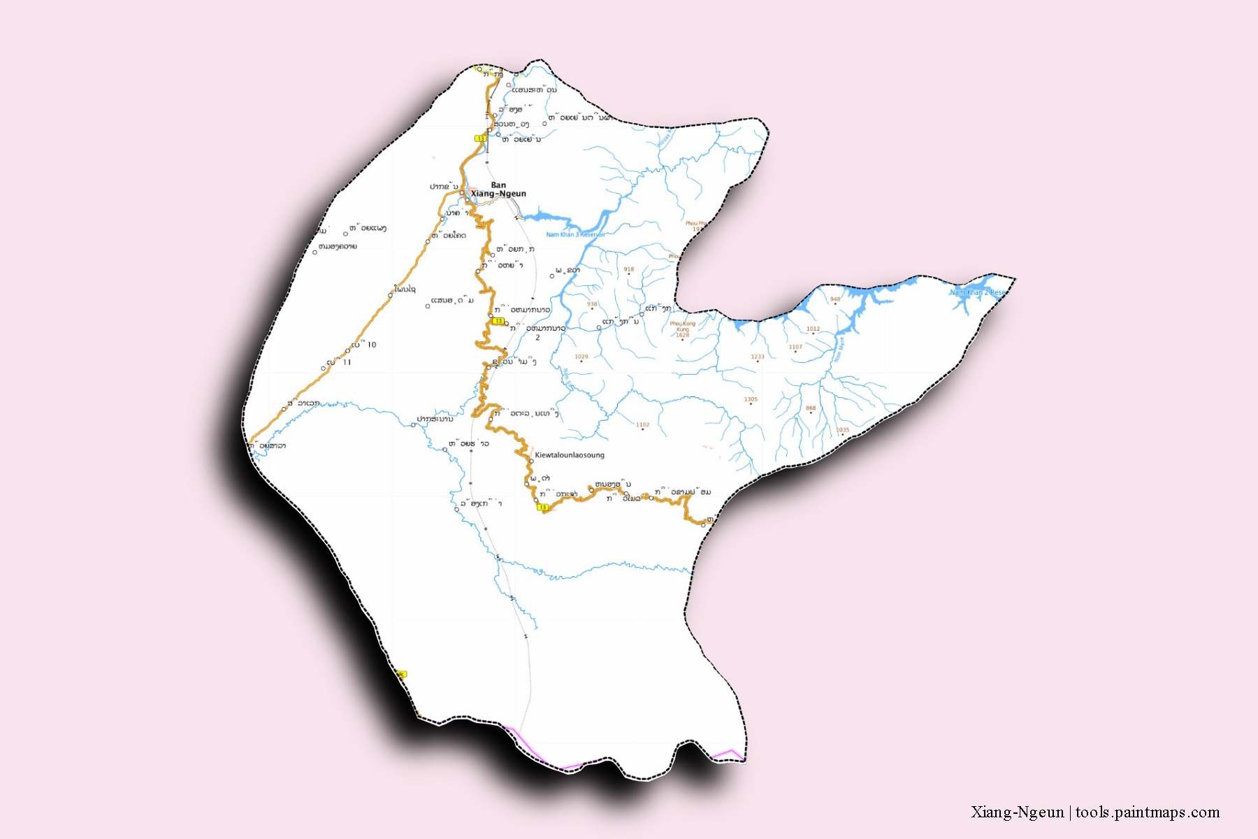 Mapa de barrios y pueblos de Xiang-Ngeun con efecto de sombra 3D