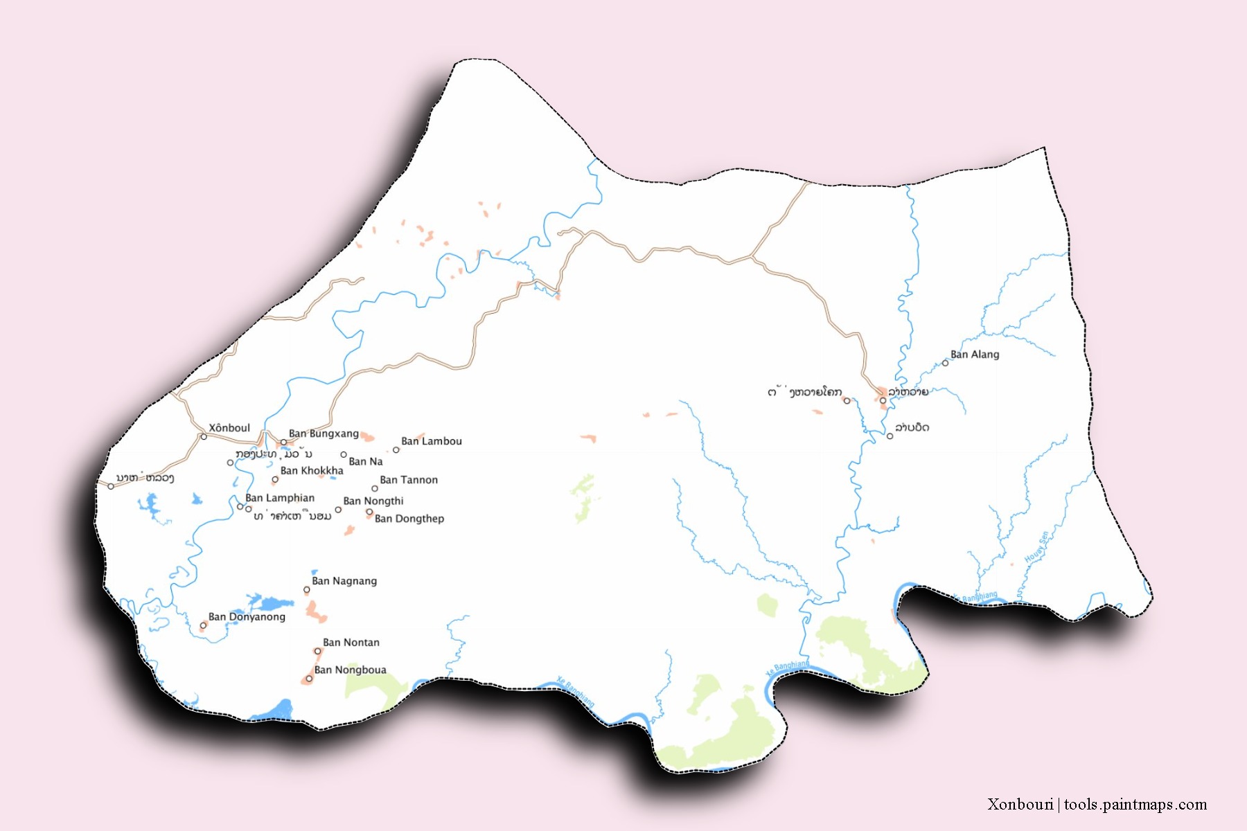 Mapa de barrios y pueblos de Xonbouri con efecto de sombra 3D