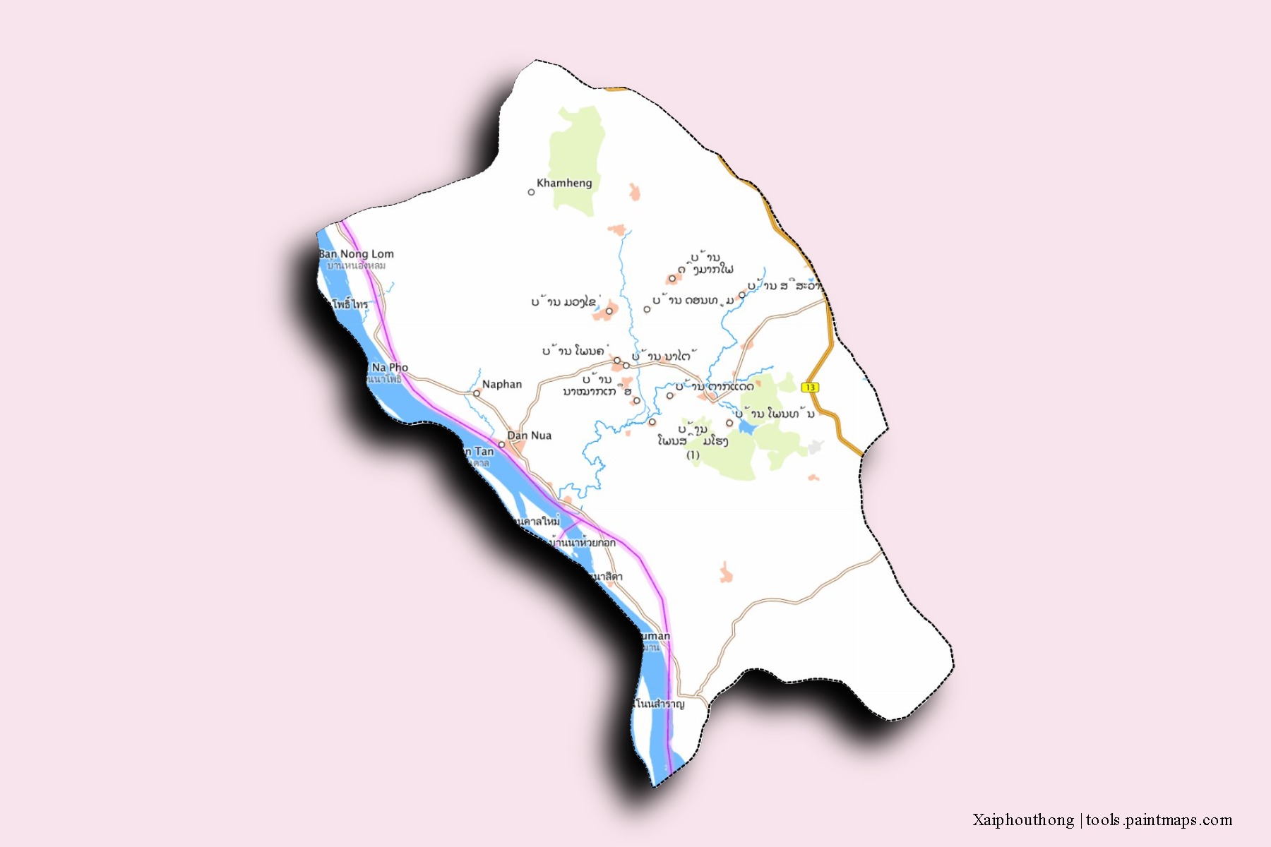 Mapa de barrios y pueblos de Xaiphouthong con efecto de sombra 3D