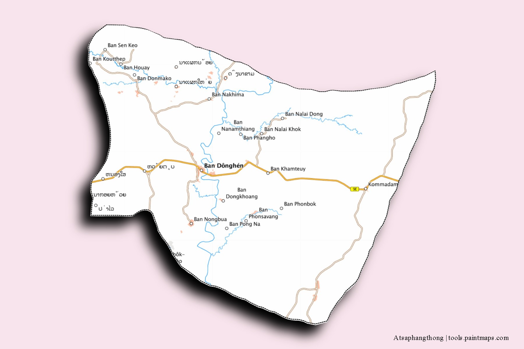 Mapa de barrios y pueblos de Atsaphangthong con efecto de sombra 3D