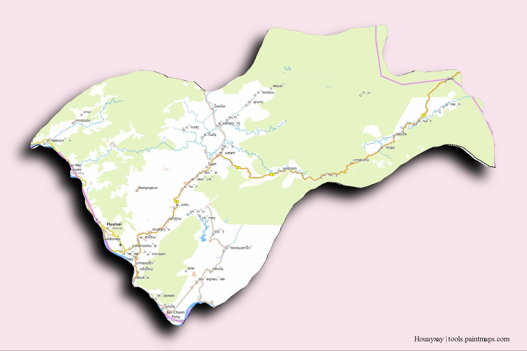 Mapa de barrios y pueblos de Houayxay con efecto de sombra 3D