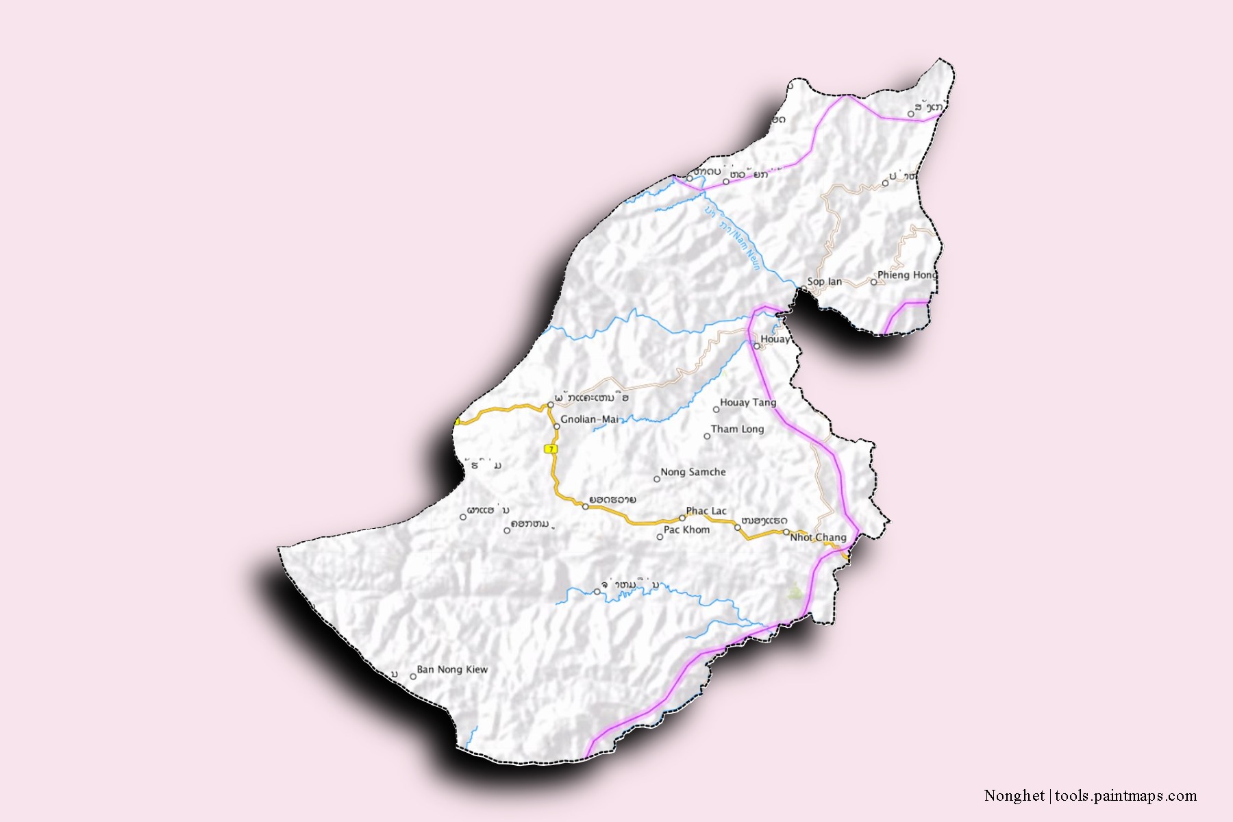 Mapa de barrios y pueblos de Nonghet con efecto de sombra 3D