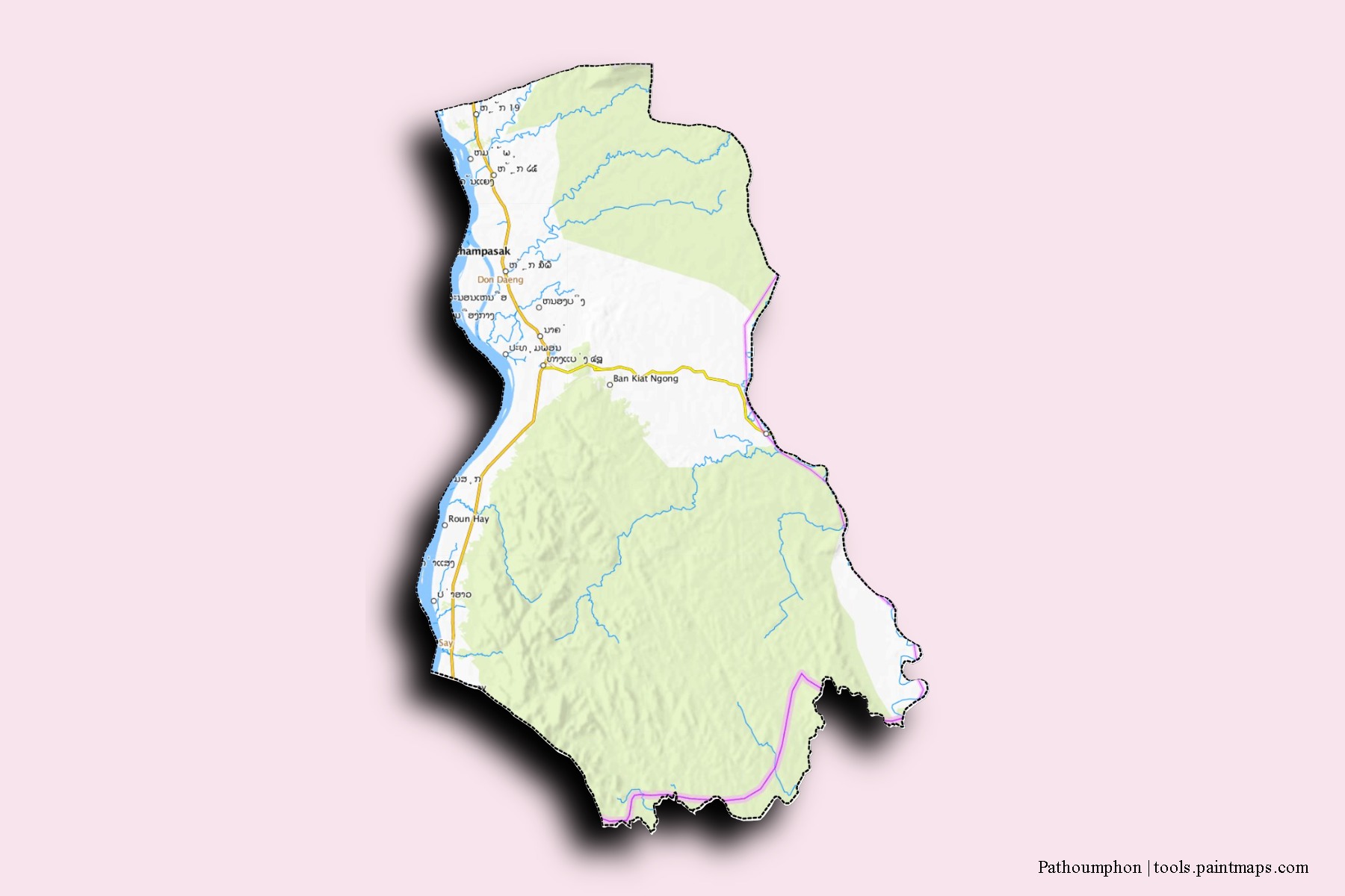 Mapa de barrios y pueblos de Pathoumphon con efecto de sombra 3D