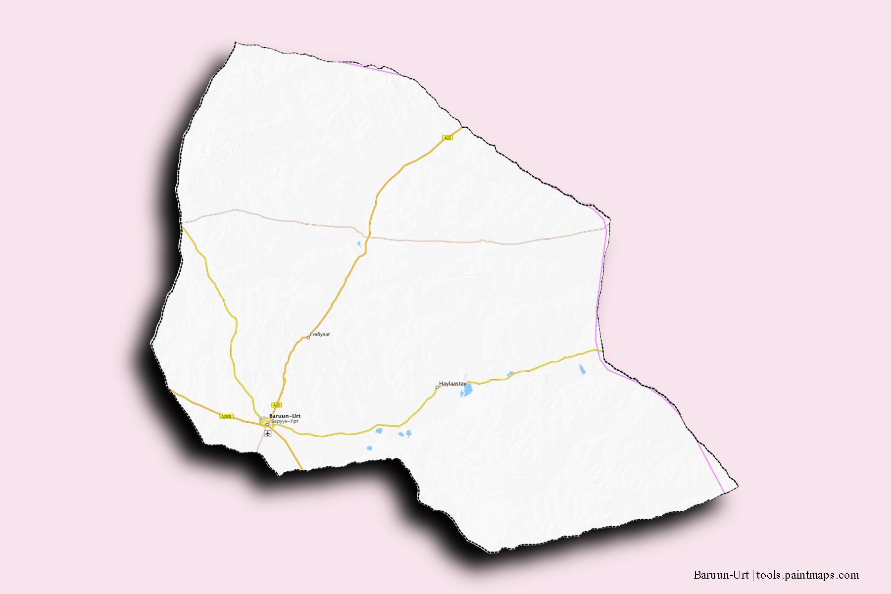 Mapa de barrios y pueblos de Baruun-Urt con efecto de sombra 3D