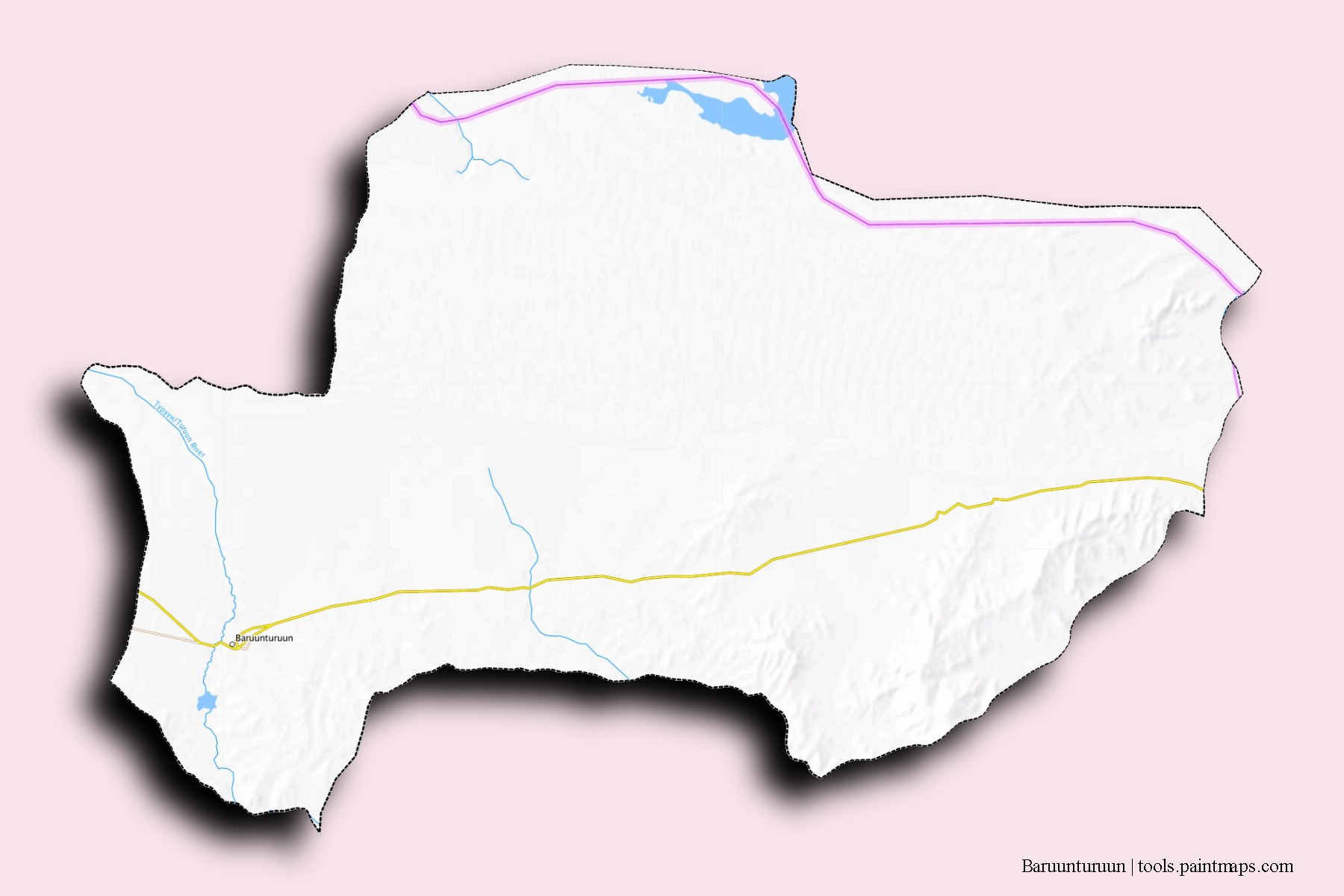 Mapa de barrios y pueblos de Baruunturuun con efecto de sombra 3D