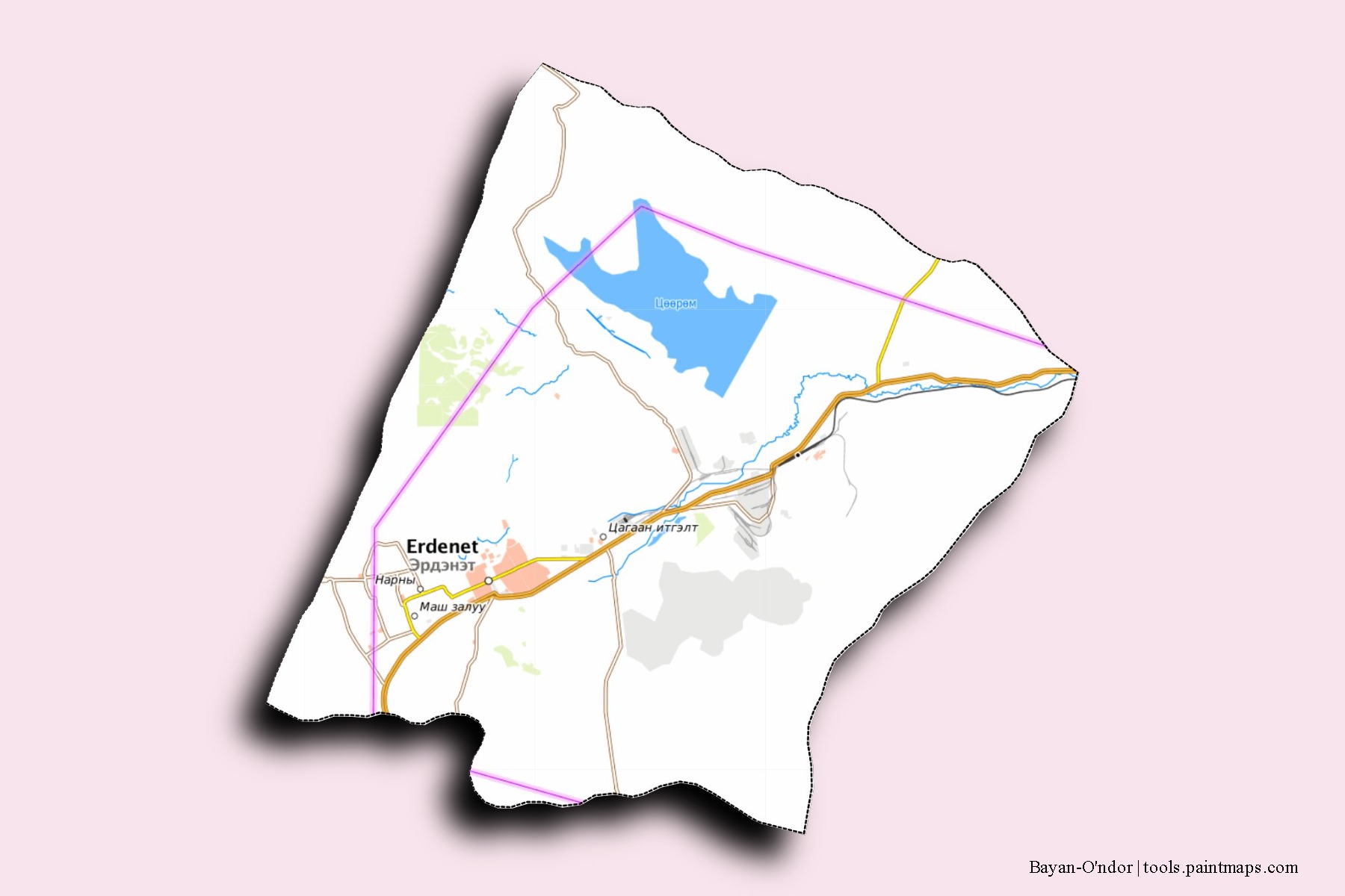 Mapa de barrios y pueblos de Bayan-O'ndor con efecto de sombra 3D