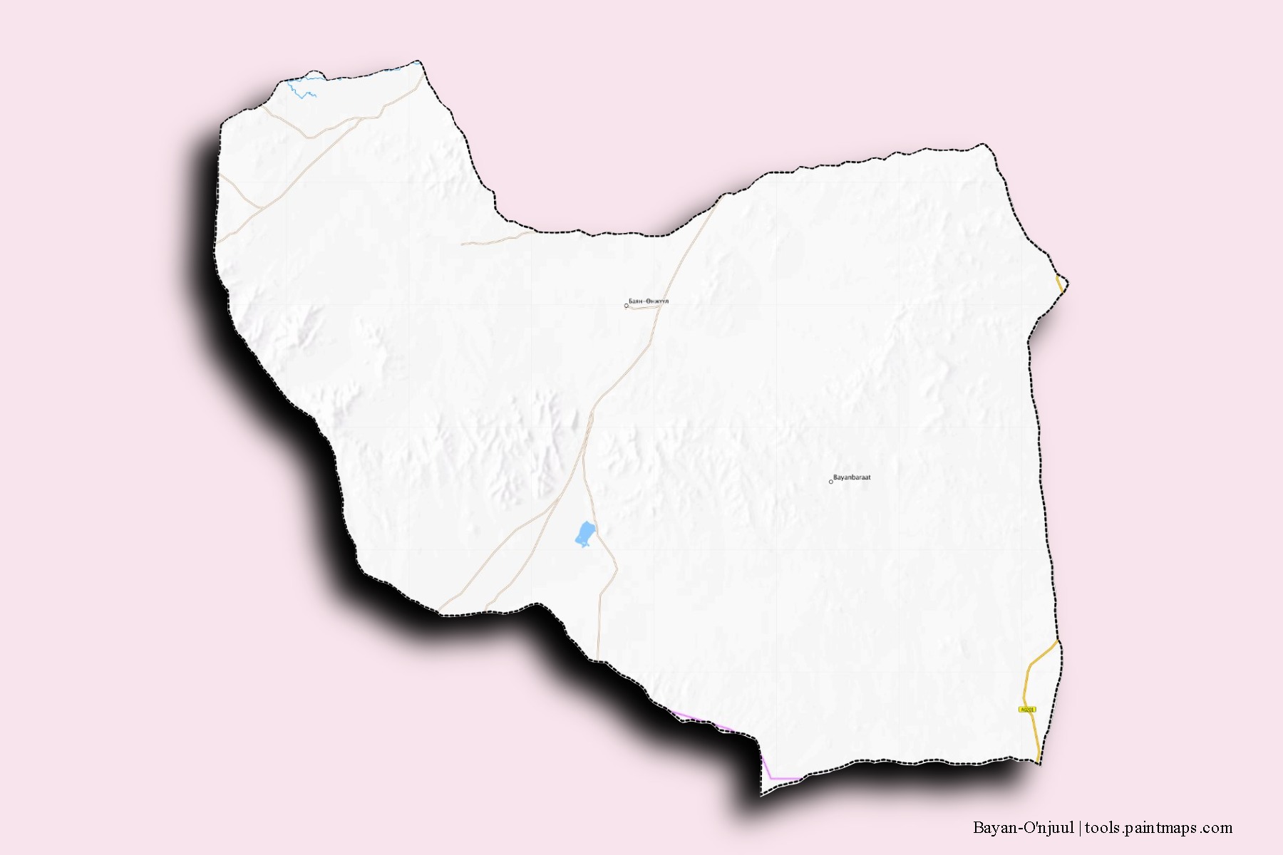 Mapa de barrios y pueblos de Bayan-O'njuul con efecto de sombra 3D