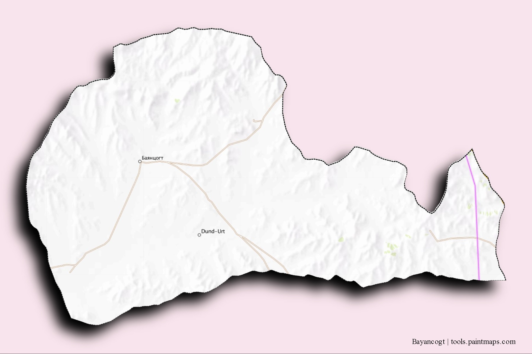 Mapa de barrios y pueblos de Bayancogt con efecto de sombra 3D