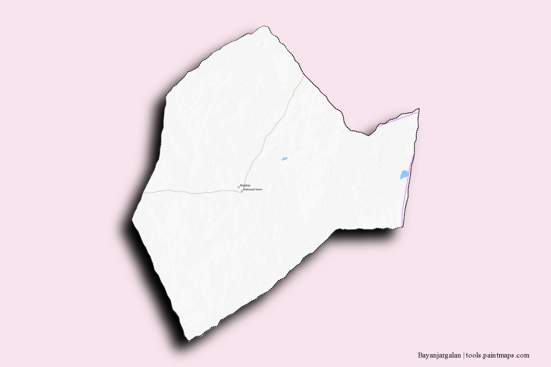 Mapa de barrios y pueblos de Bayanjargalan con efecto de sombra 3D