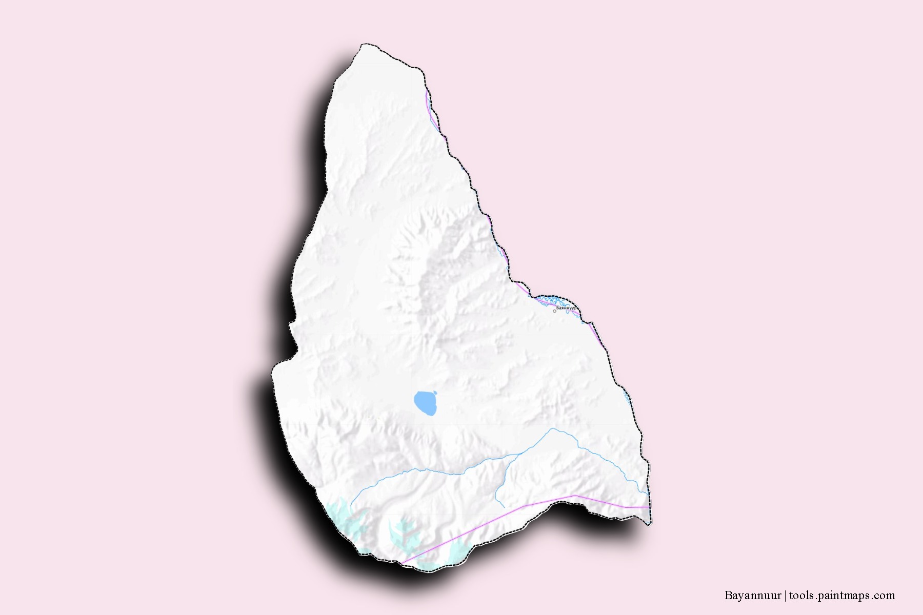 Mapa de barrios y pueblos de Bayannuur con efecto de sombra 3D