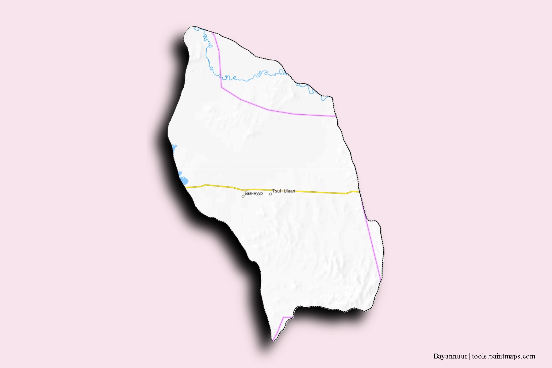 Mapa de barrios y pueblos de Bayannuur con efecto de sombra 3D