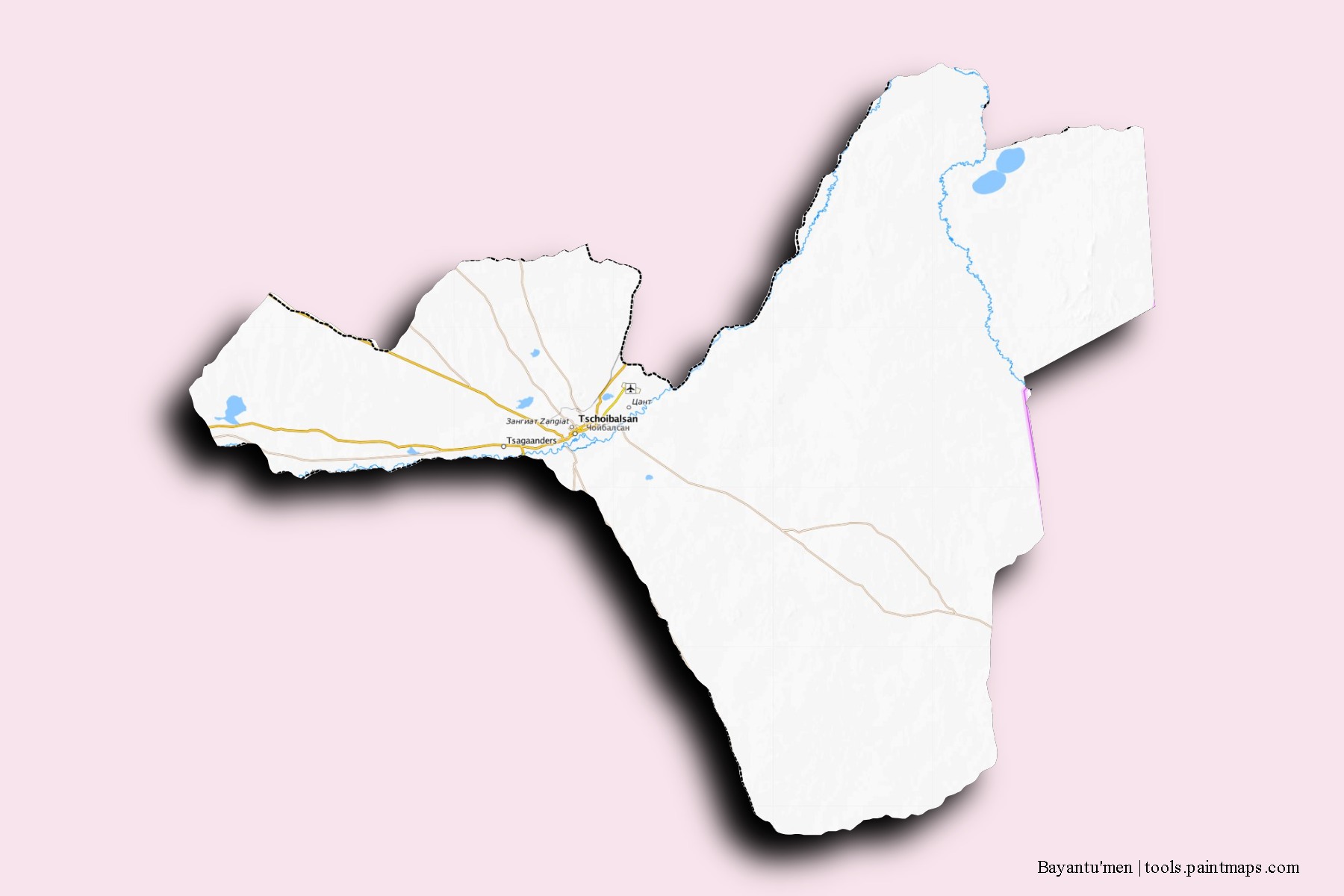 Mapa de barrios y pueblos de Bayantu'men con efecto de sombra 3D